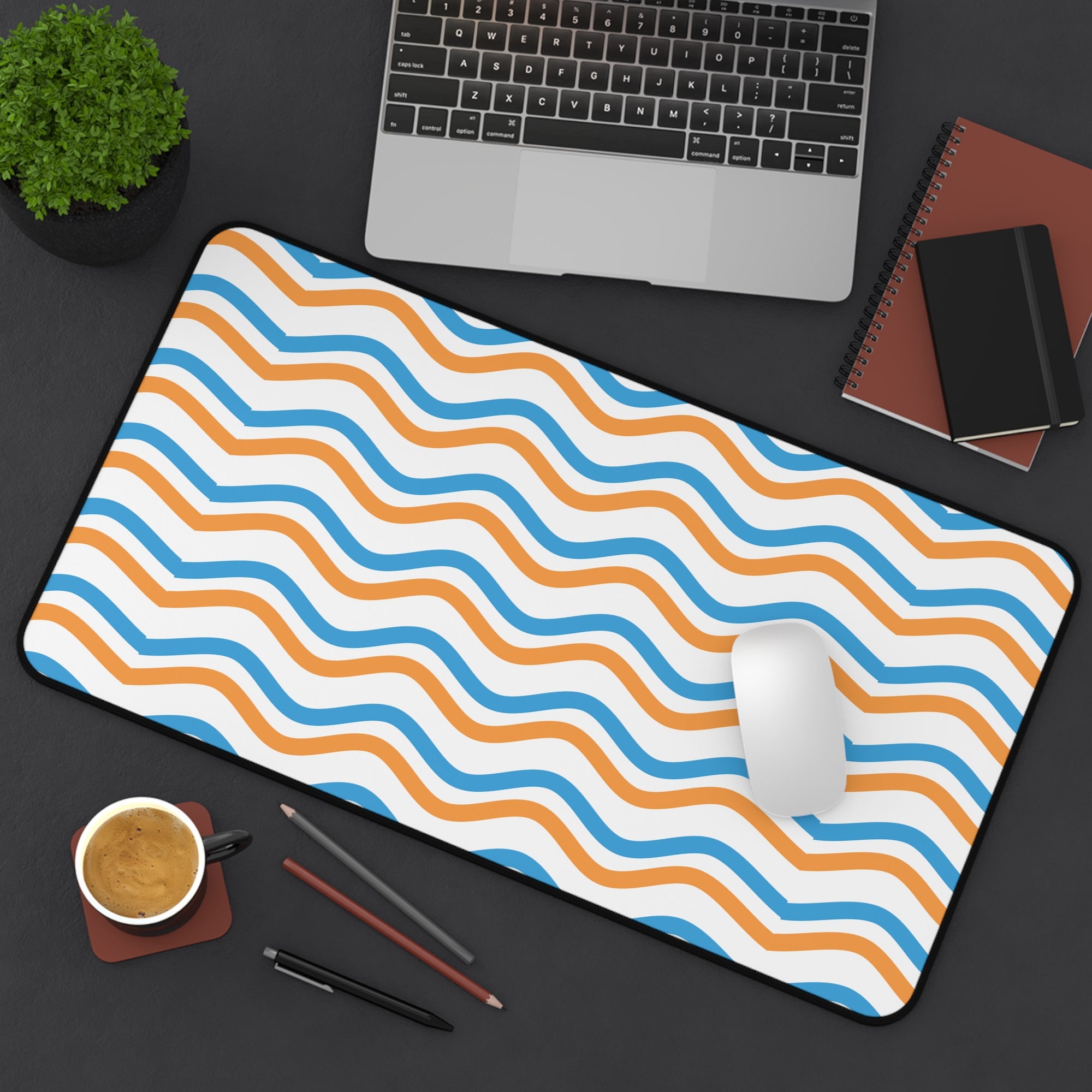 Wavy Orange & Blue Desk Mat — Modern Office Mouse Pad