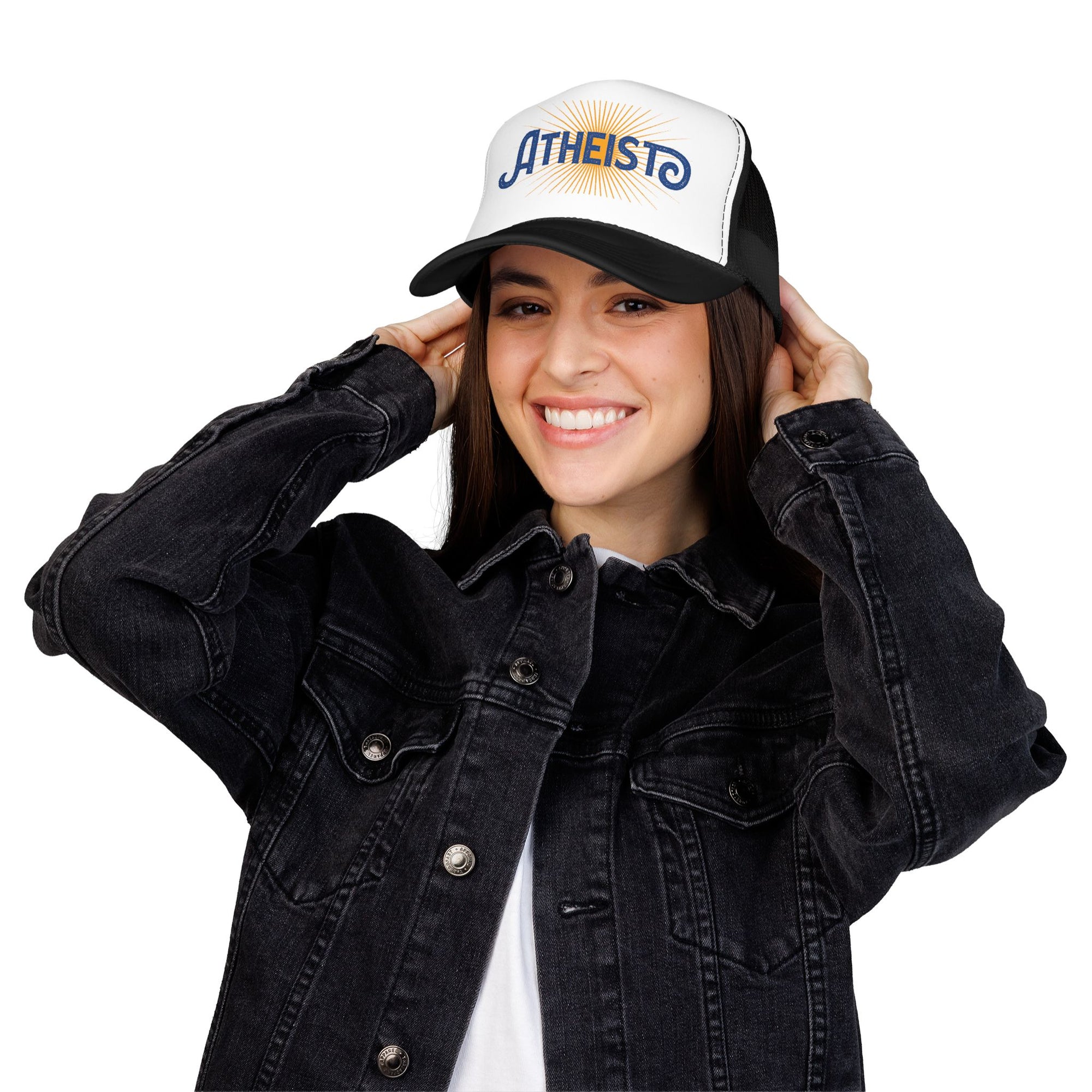 Atheist Foam Trucker Hat — Retro Sunburst Logo Cap