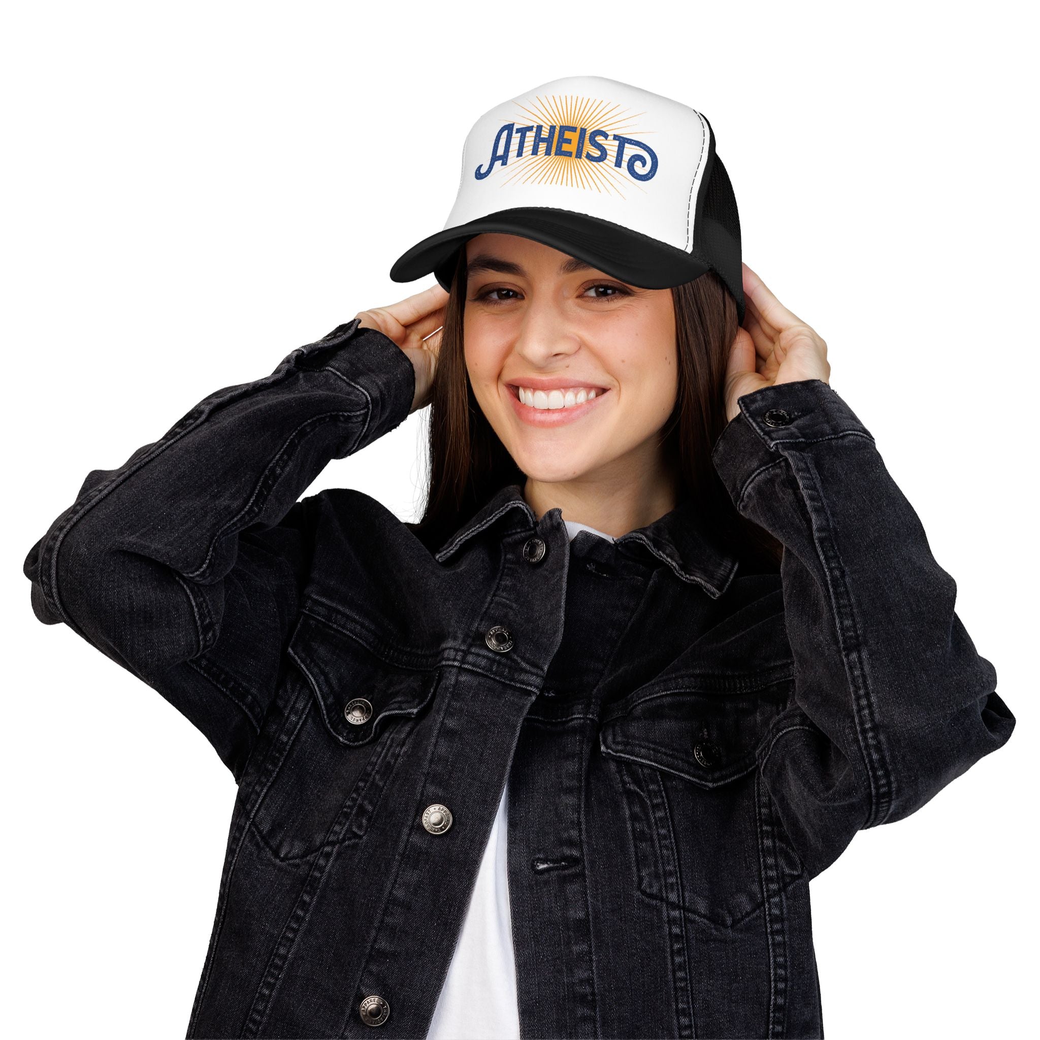 Atheist Foam Trucker Hat — Retro Sunburst Logo Cap