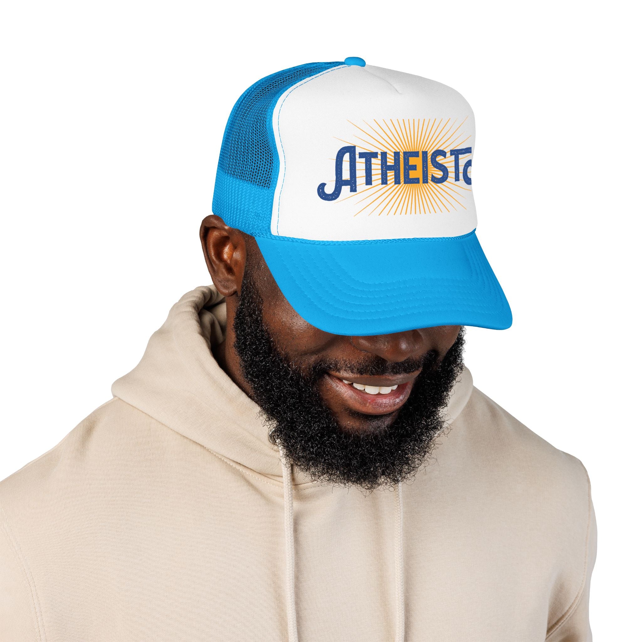 Atheist Foam Trucker Hat — Retro Sunburst Logo Cap