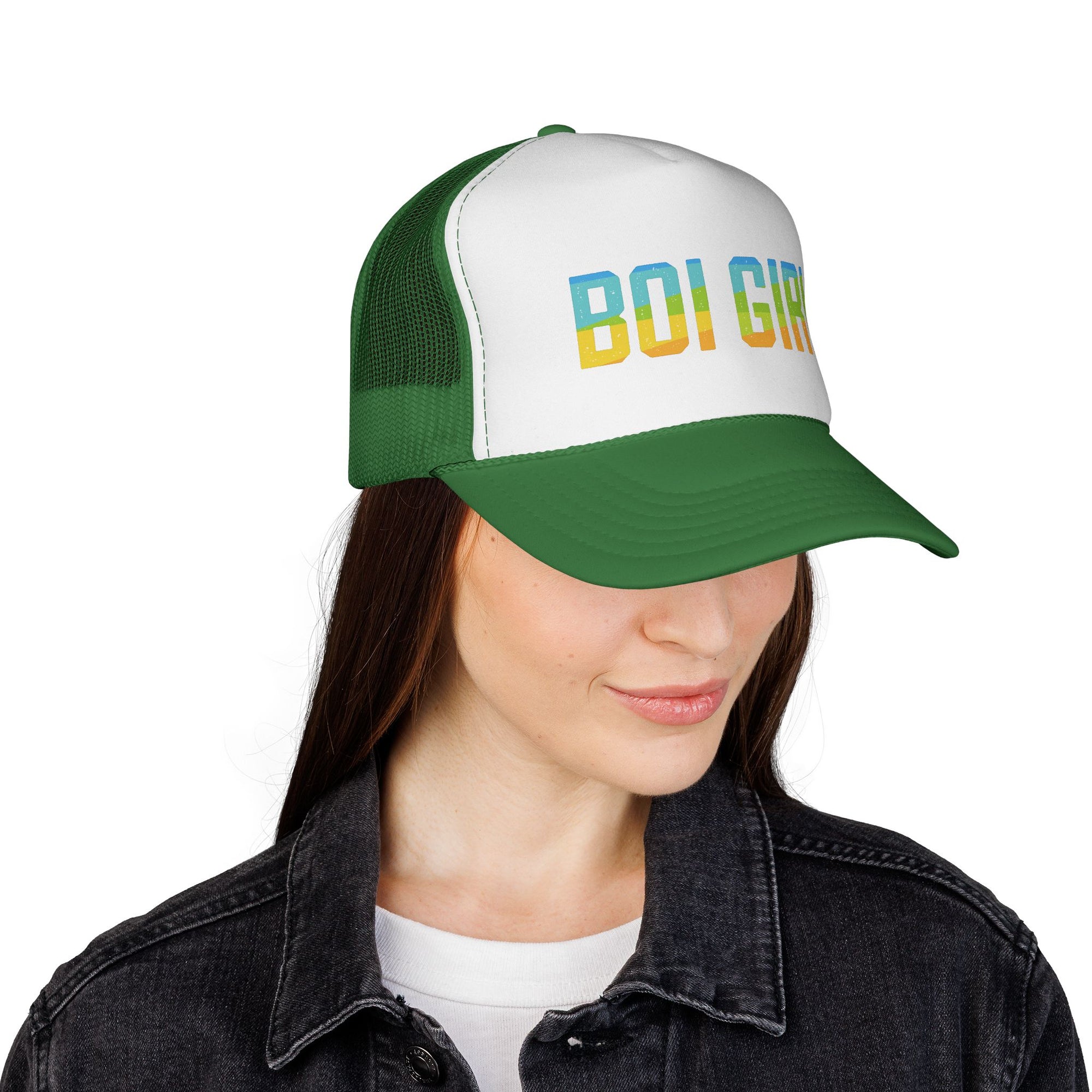 Boi Girl Trucker Cap – Retro Rainbow Text Mesh Hat