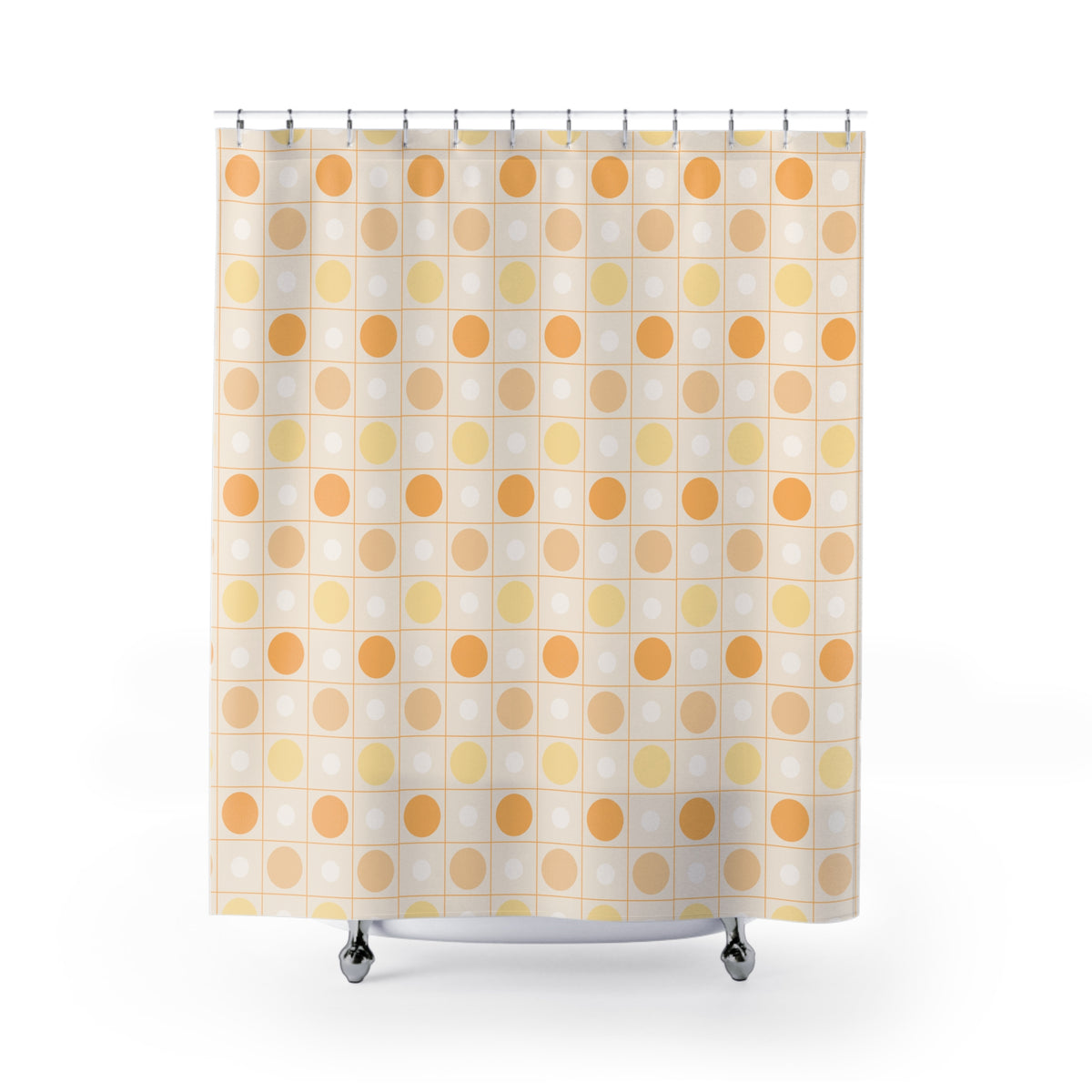 Retro Orange Dot Shower Curtain — Mid-Century Geometric Bathroom Decor