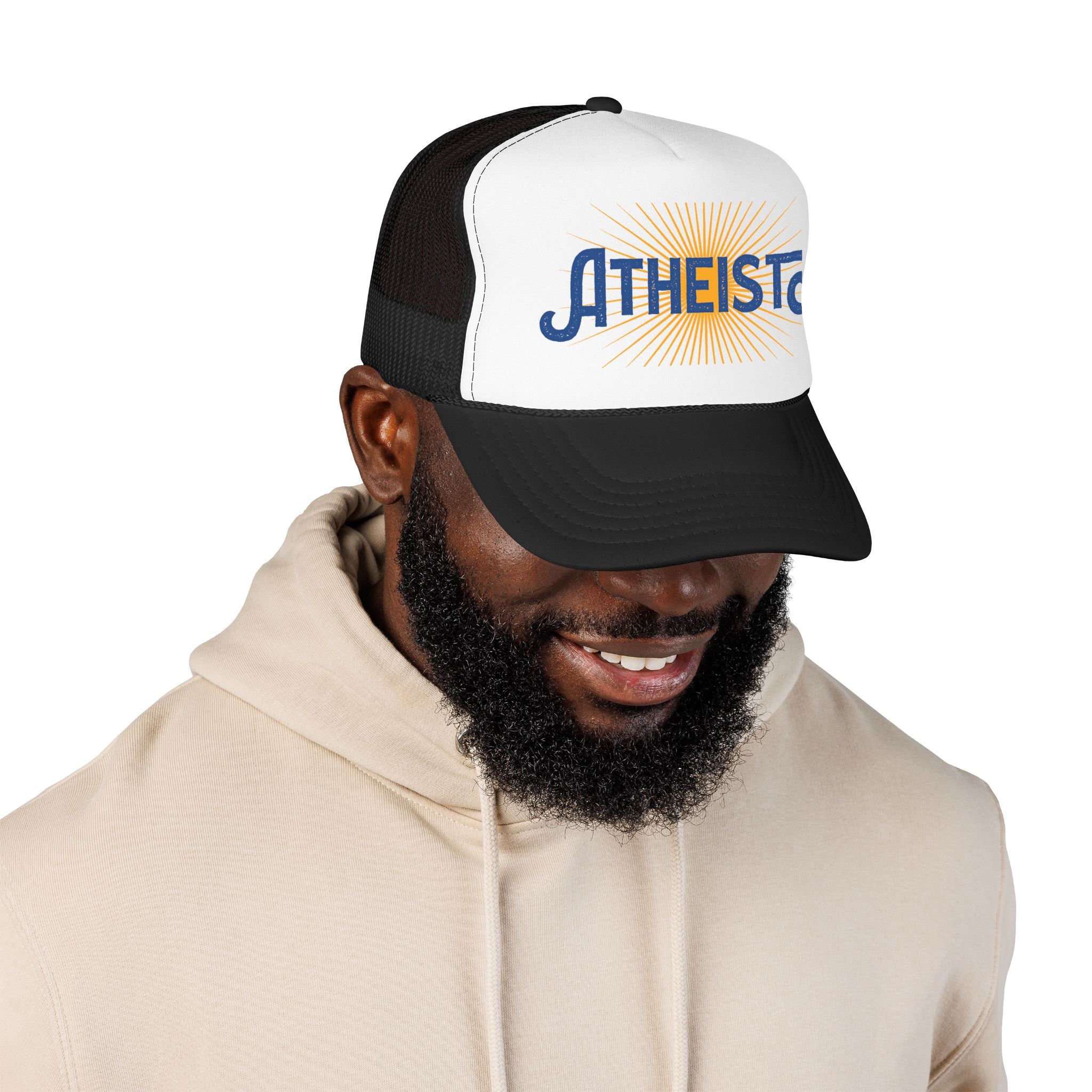Atheist Foam Trucker Hat — Retro Sunburst Logo Cap