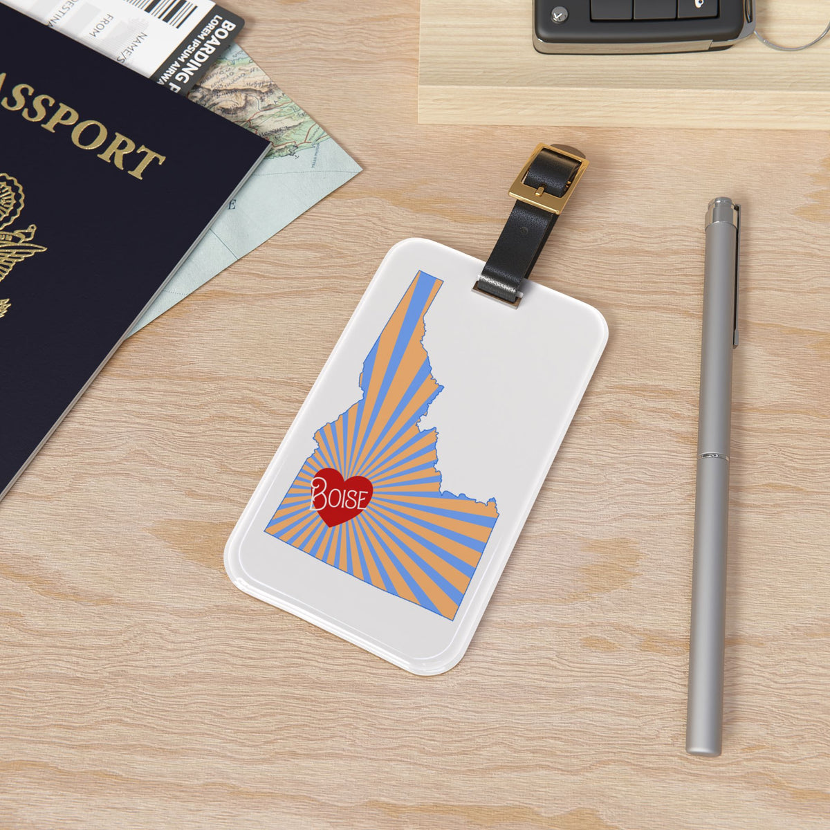Boise Idaho Luggage Tag – Retro Sunburst State Silhouette Travel ID