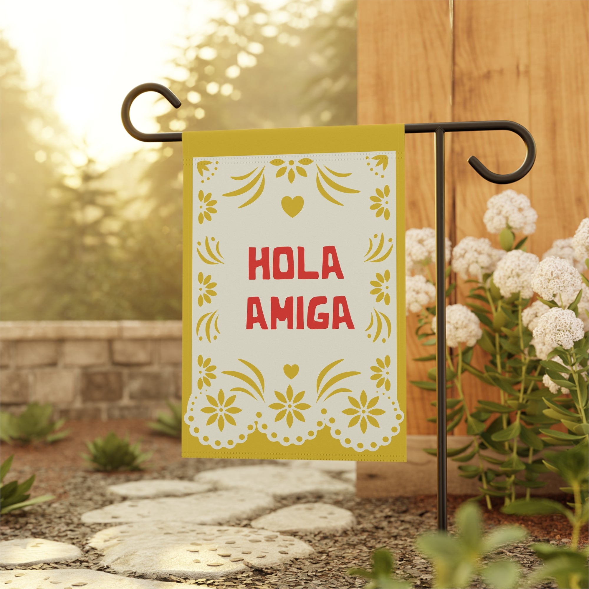 Hola Amiga Garden Flag — Decorative Spanish Welcome Banner for Patio & Front Yard