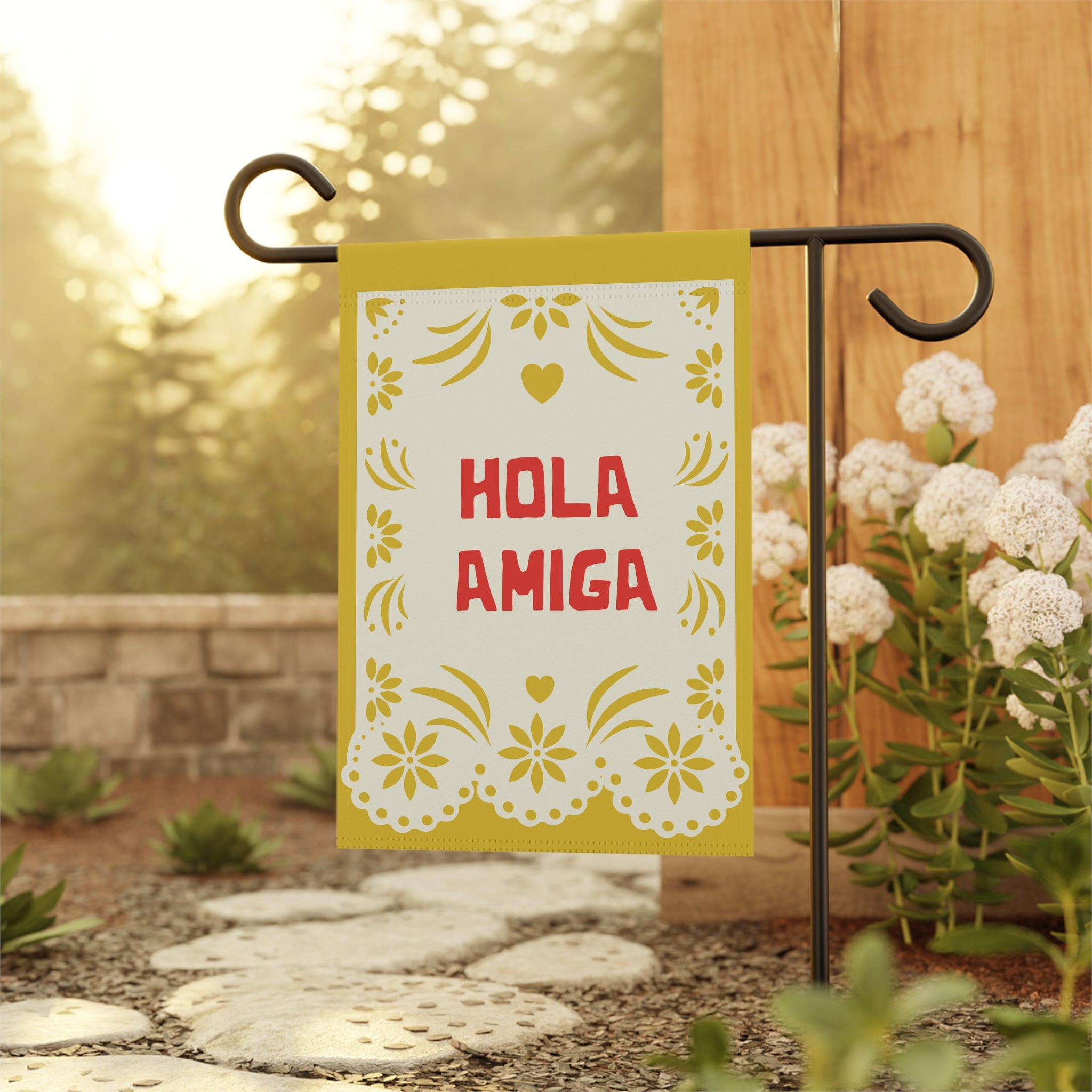 Hola Amiga Garden Flag — Decorative Spanish Welcome Banner for Patio & Front Yard