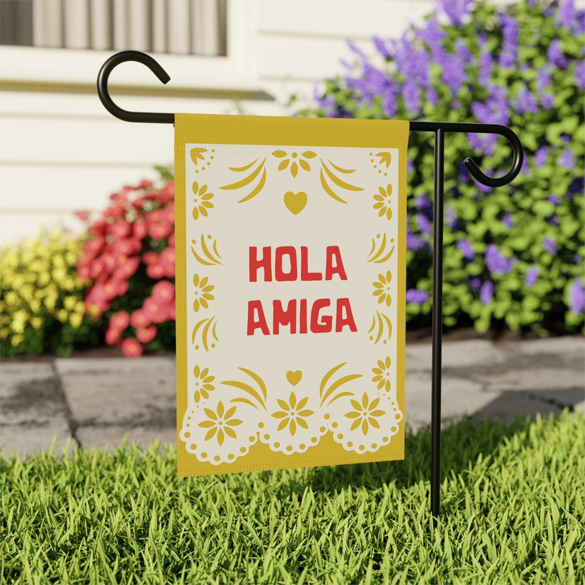 Hola Amiga Garden Flag — Decorative Spanish Welcome Banner for Patio & Front Yard