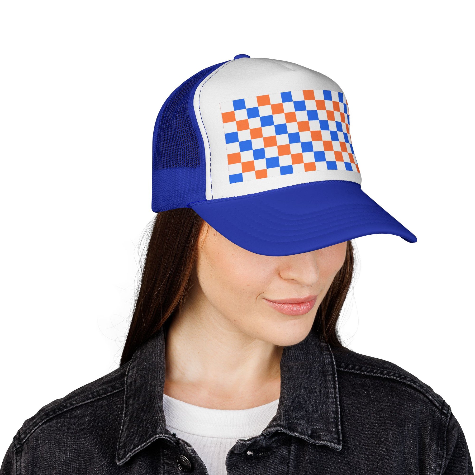 Blue & Orange Checkerboard Trucker Cap