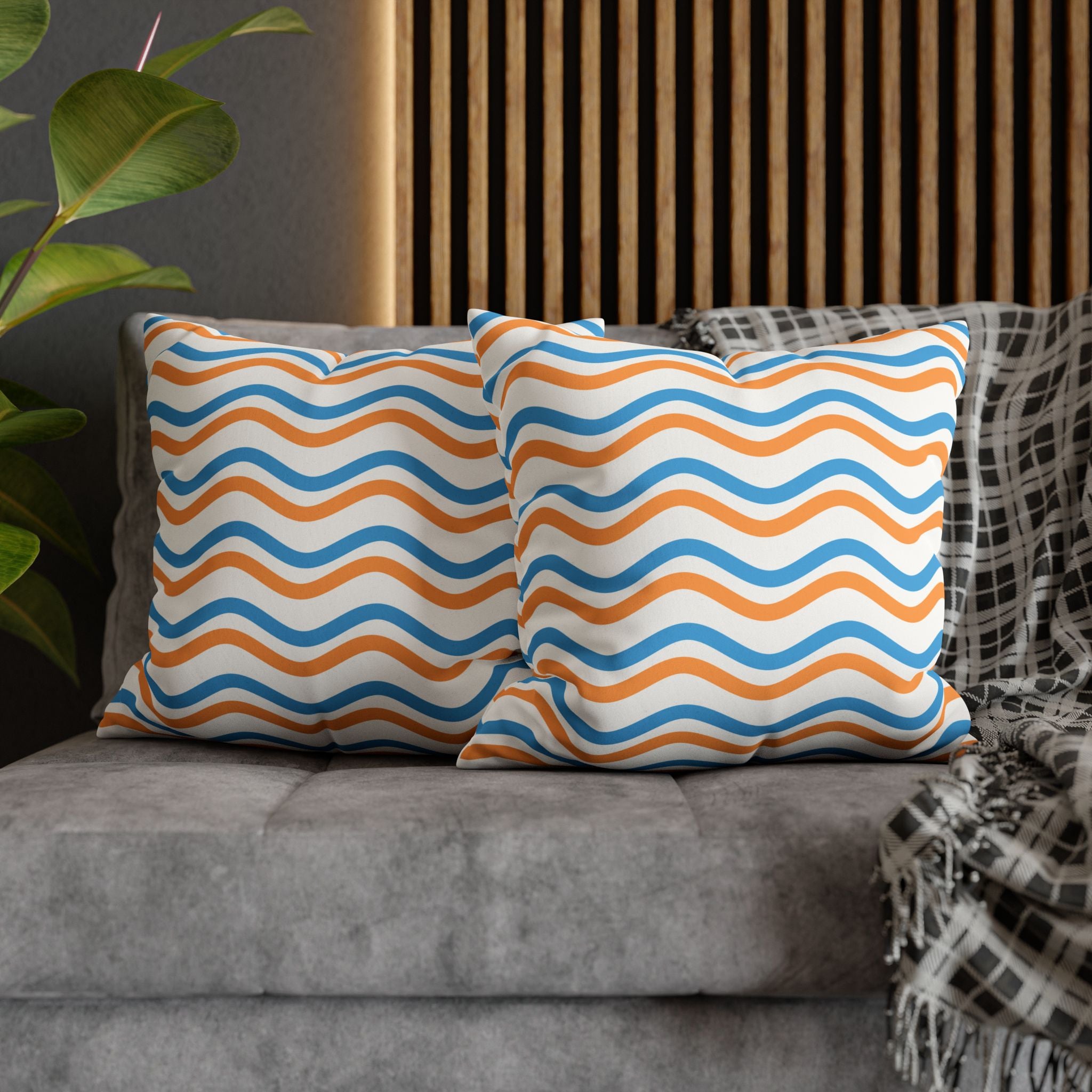 Wavy Orange & Blue Decorative Pillow - Faux Suede Square Pillowcase