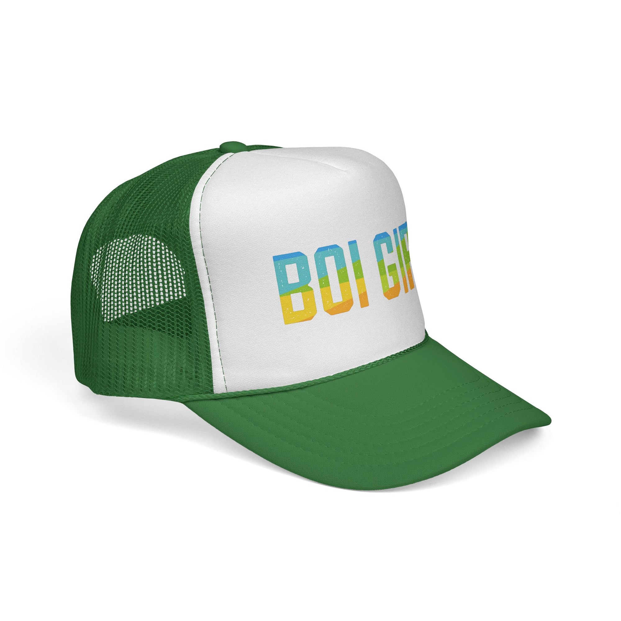 Boi Girl Trucker Cap – Retro Rainbow Text Mesh Hat