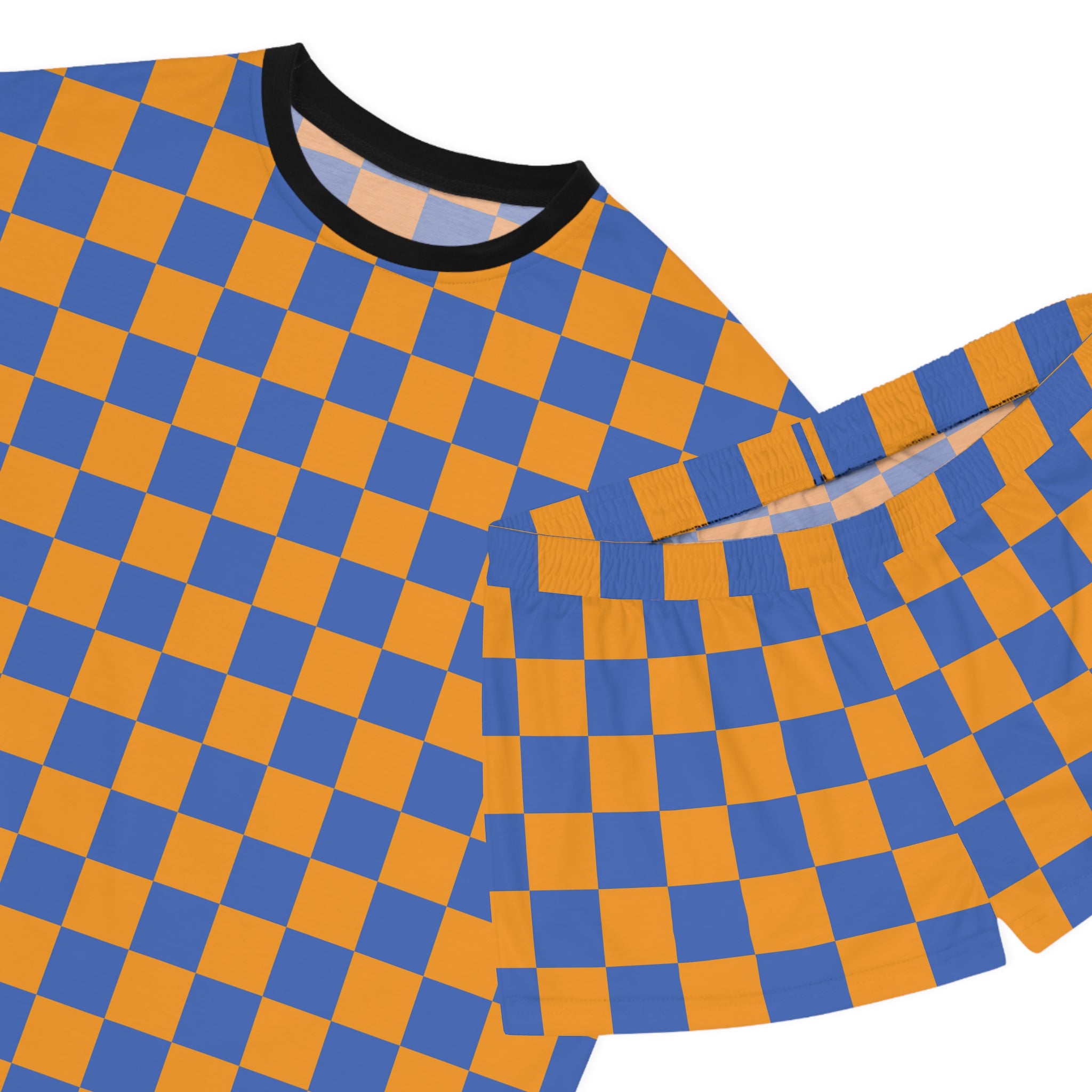Checkerboard Short Pajama Set — Women's Cozy Blue & Orange Sleepwear