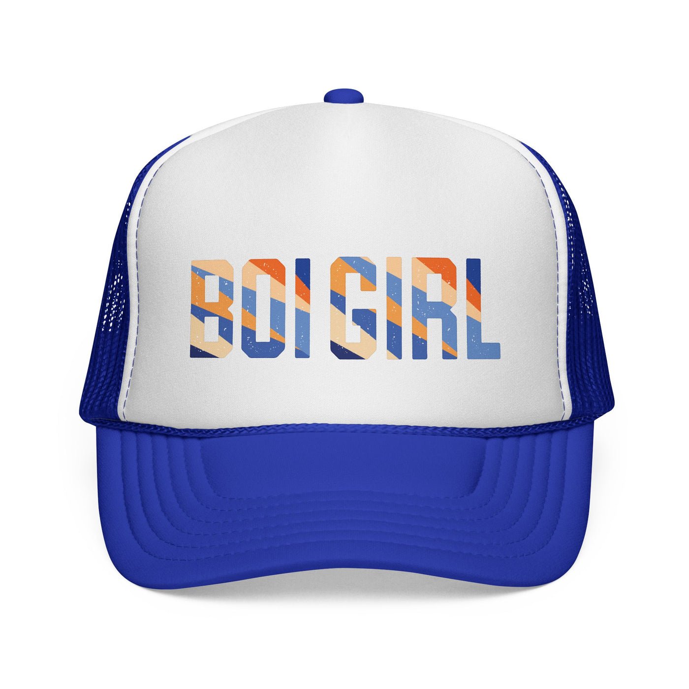 Boi girl Trucker Cap — Retro Blue Stripes Graphic Truckers Hat