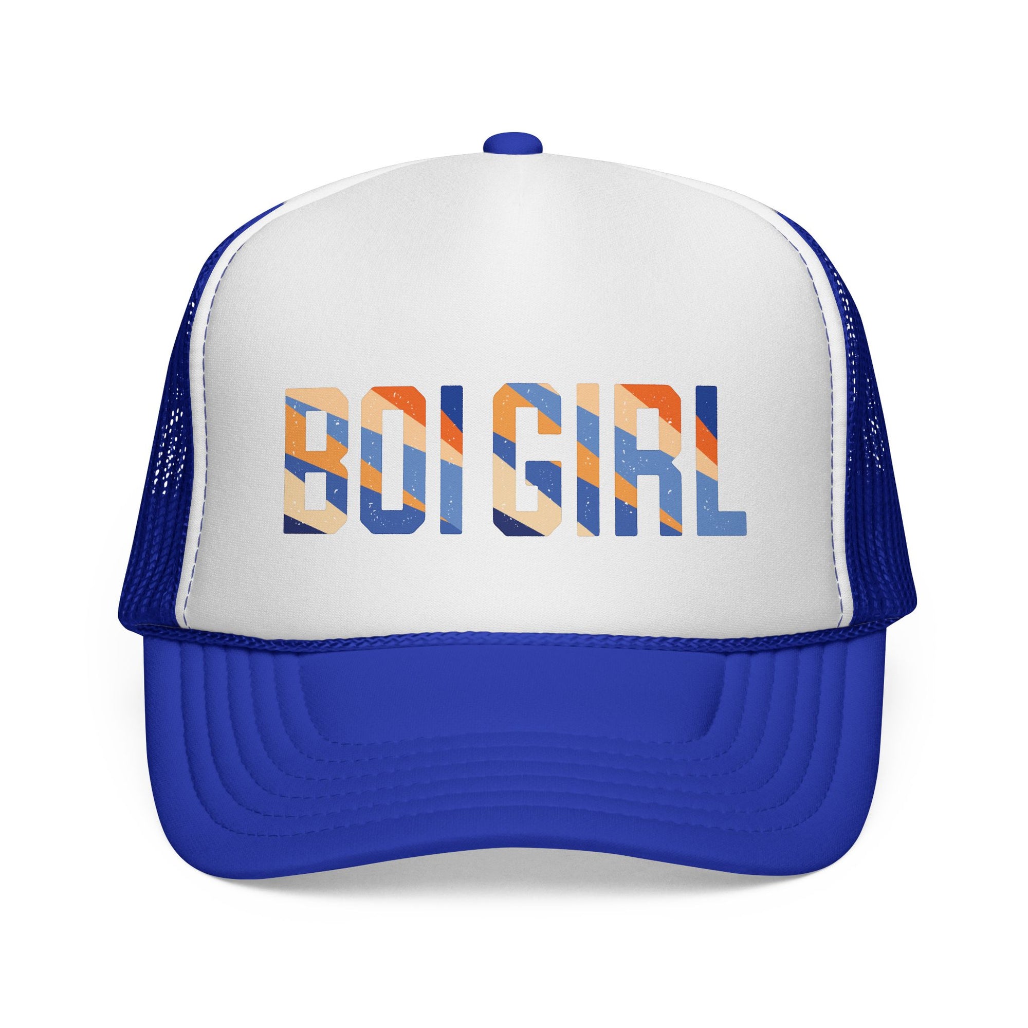 Boi girl Trucker Cap — Retro Blue Stripes Graphic Truckers Hat
