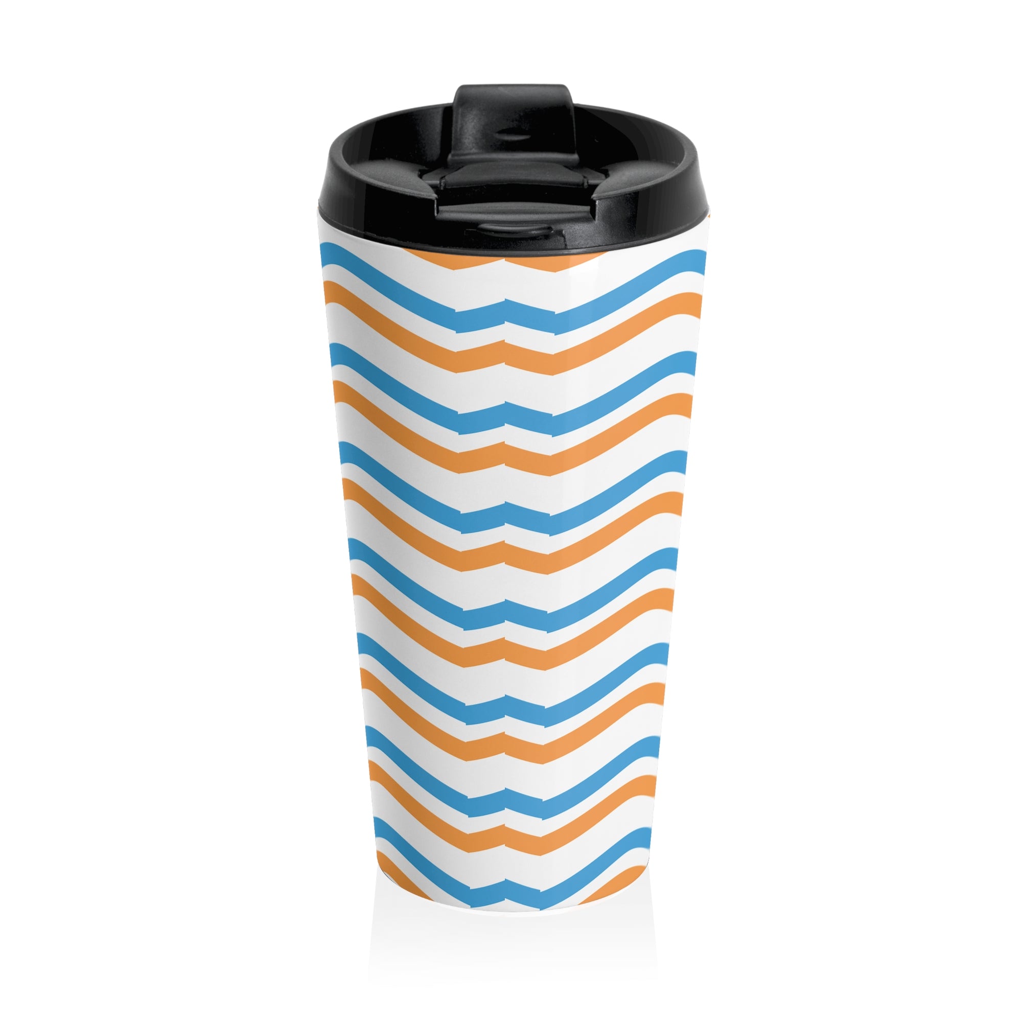 Wavy Stripes Stainless Steel Travel Mug — Blue & Orange Retro Beach Vibe