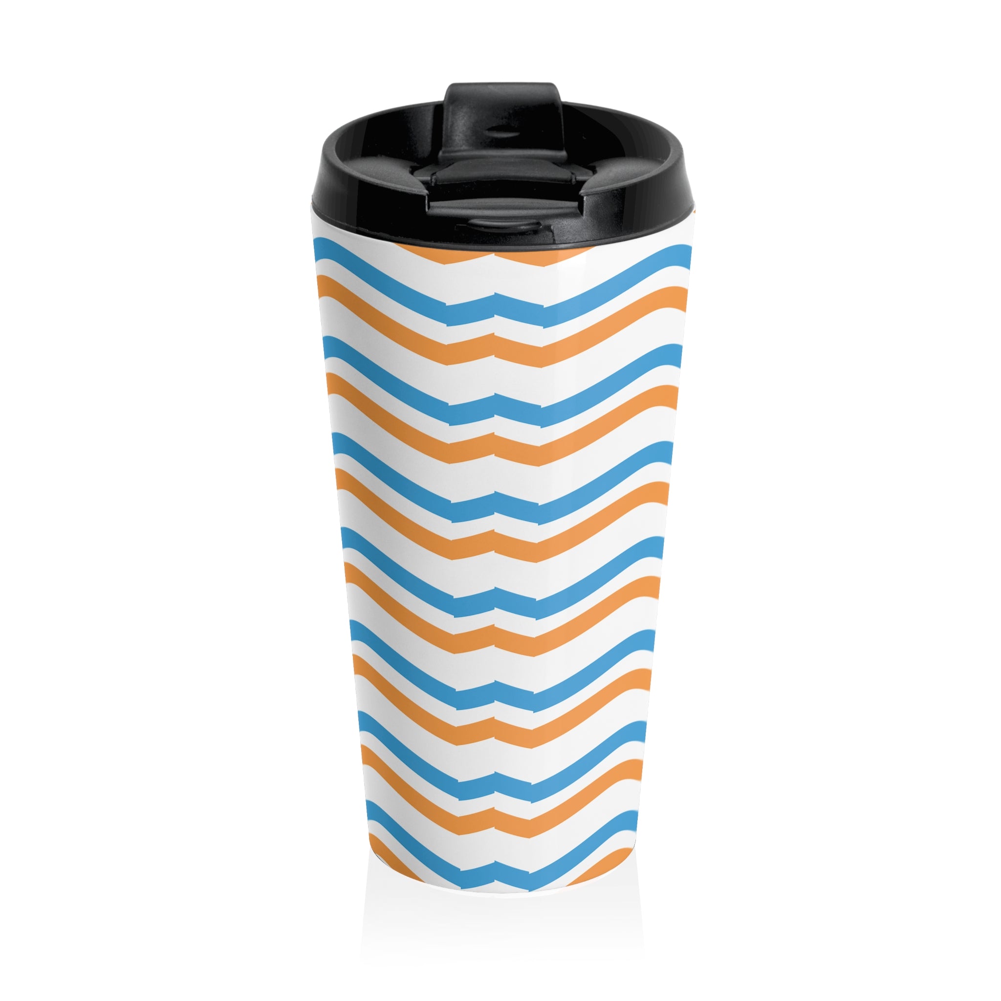 Wavy Stripes Stainless Steel Travel Mug — Blue & Orange Retro Beach Vibe