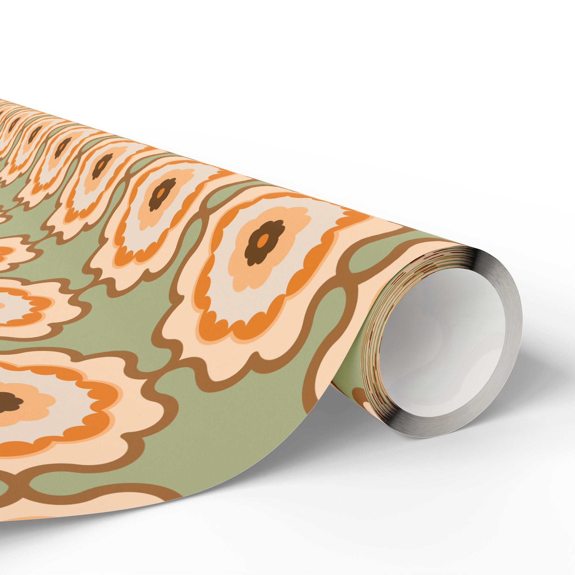 Retro Floral Wrapping Paper Roll — Vintage Orange & Olive Gift Wrap