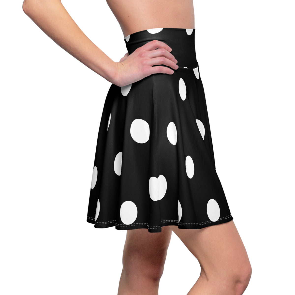 Black Polka Dot Skater Skirt — Retro High-Waist A-Line
