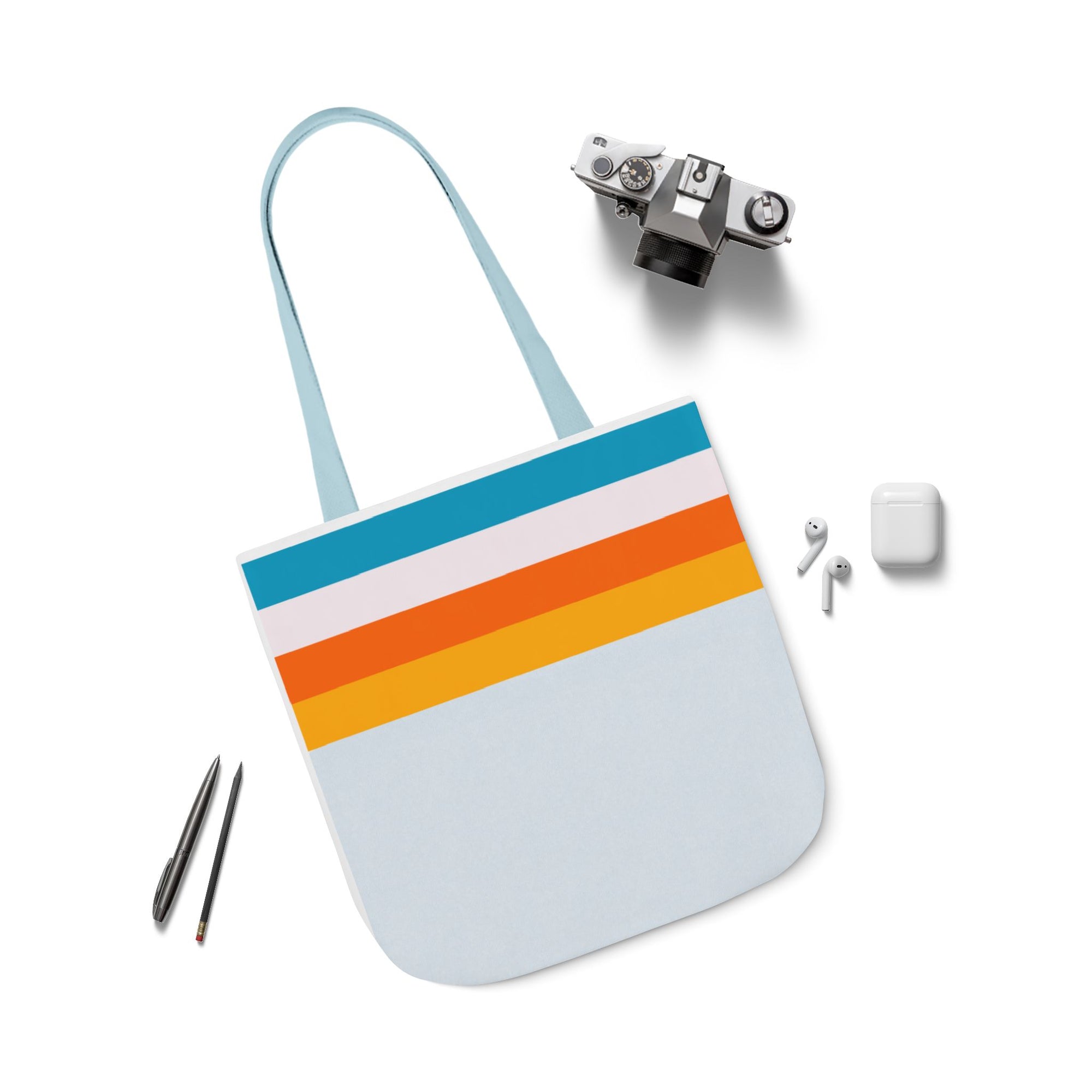 Retro Stripe Canvas Tote Bag — Blue, White, Orange Accent Straps