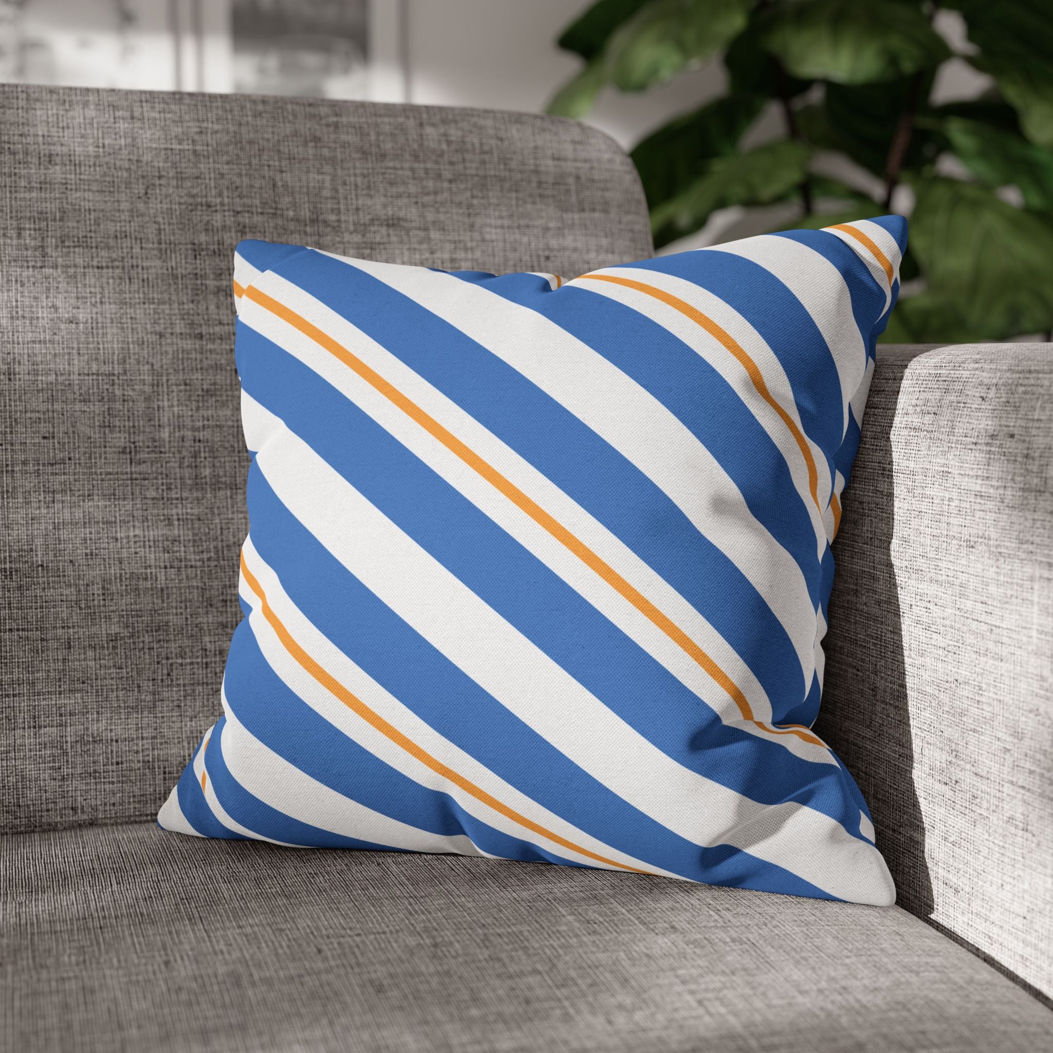 Striped Blue & Gold Decorative Pillowcase — Coastal Accent Square Pillow