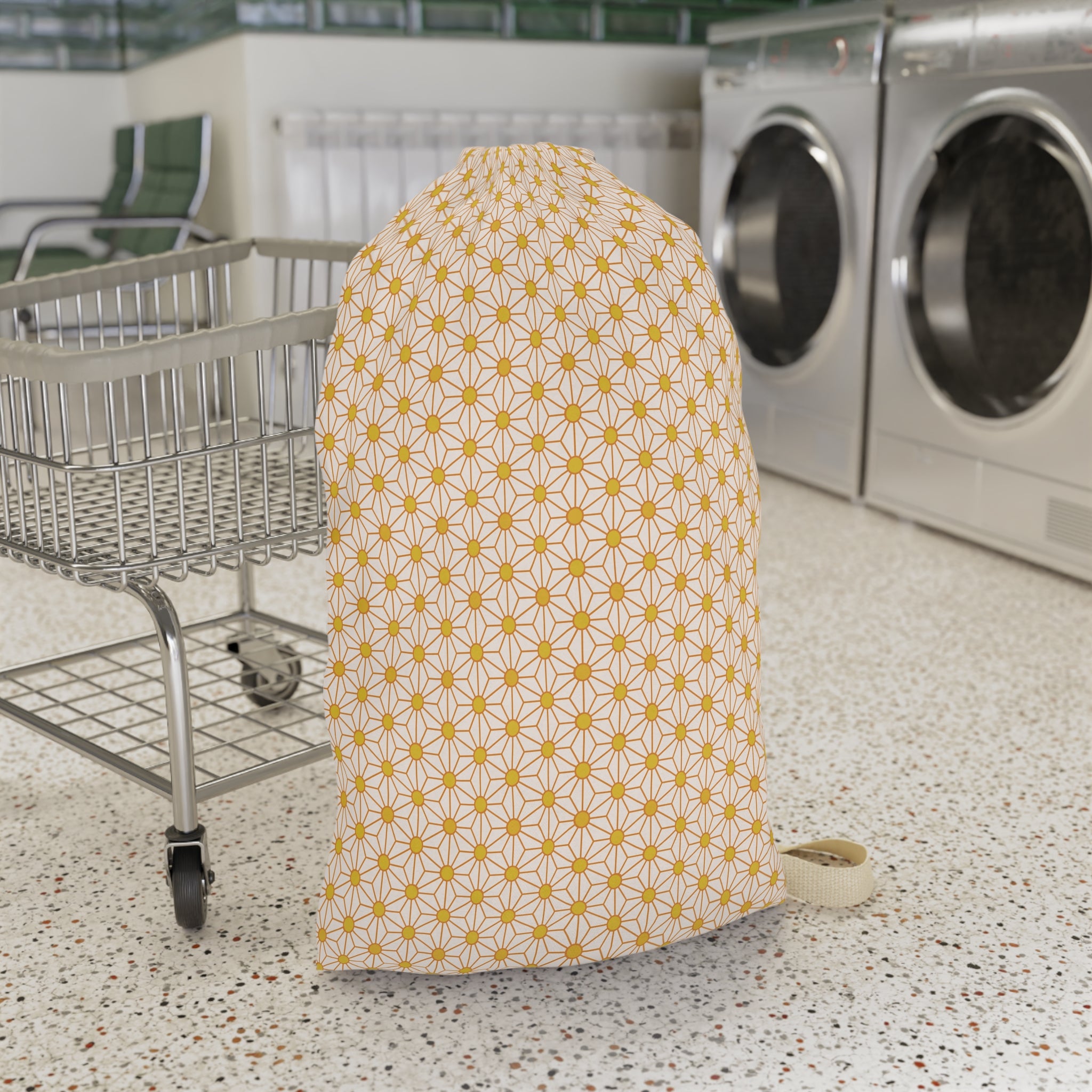 Yellow Geometric Laundry Bag — Cotton Drawstring & Shoulder Strap