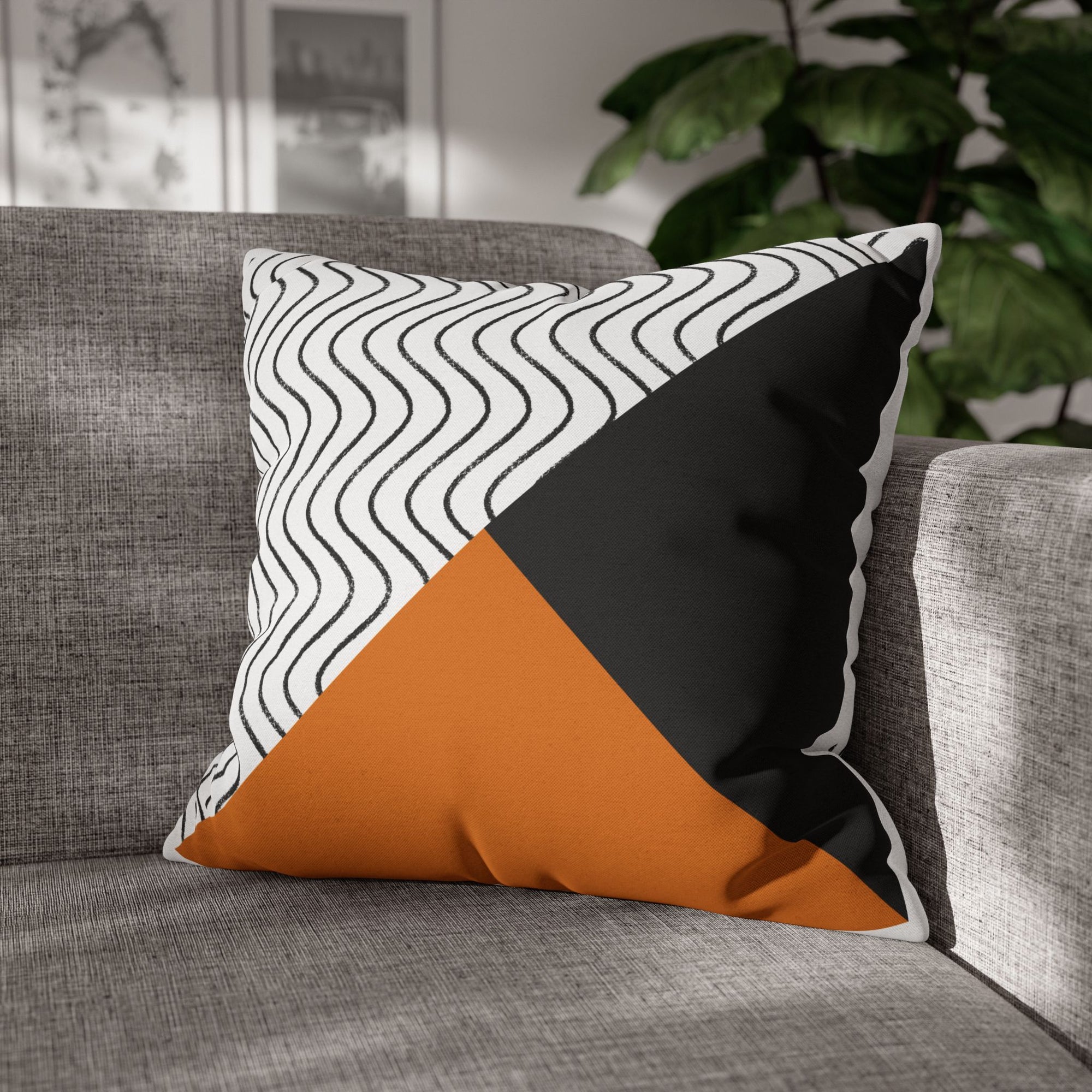 Geometric Wave Accent Pillowcase — Black, White & Orange Modern Square Throw Pillow Cover