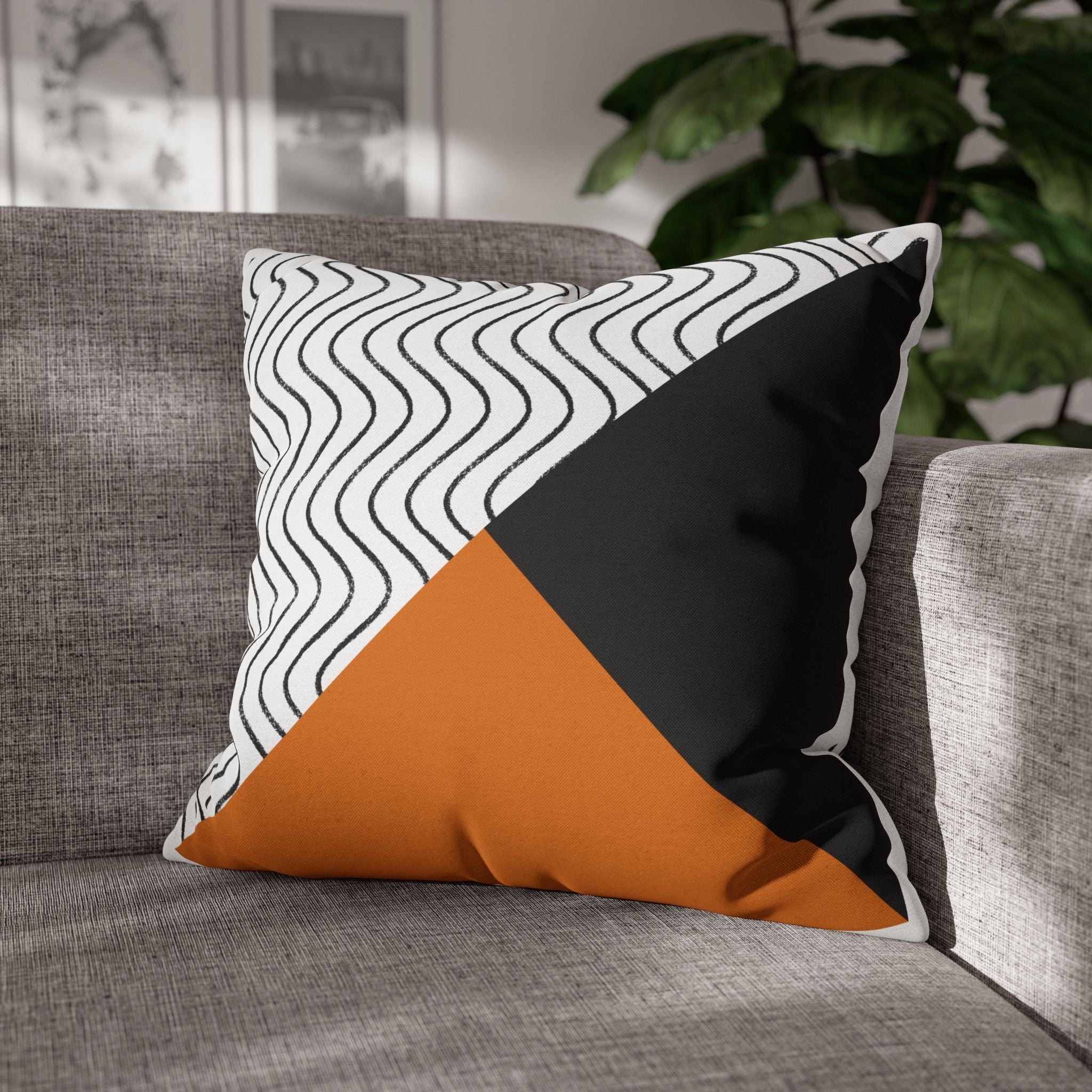 Geometric Wave Accent Pillowcase — Black, White & Orange Modern Square Throw Pillow Cover