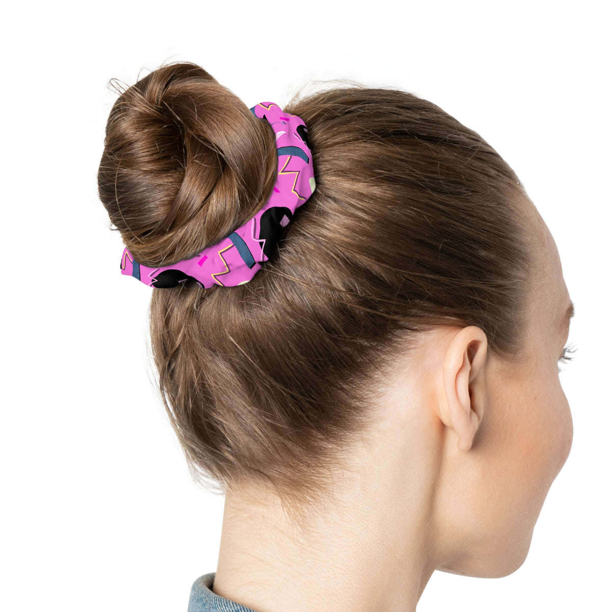 Pink Retro Abstract Scrunchie — 80s Neon Pattern Hair Accessory