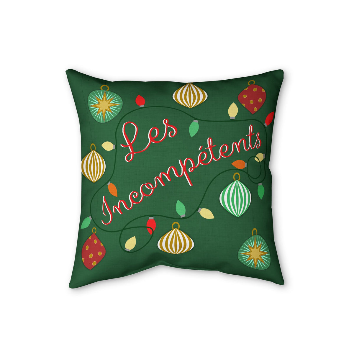 Green Les Incompétents Christmas throw pillow with vintage lights and ornaments