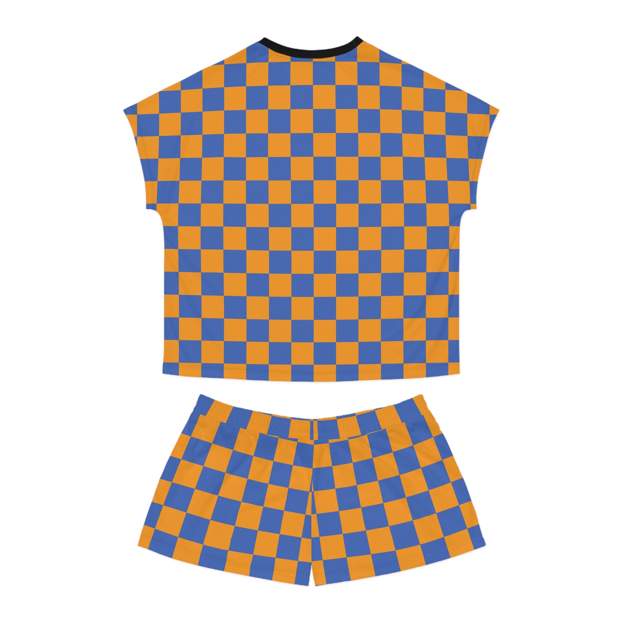 Checkerboard Short Pajama Set — Women's Cozy Blue & Orange Sleepwear