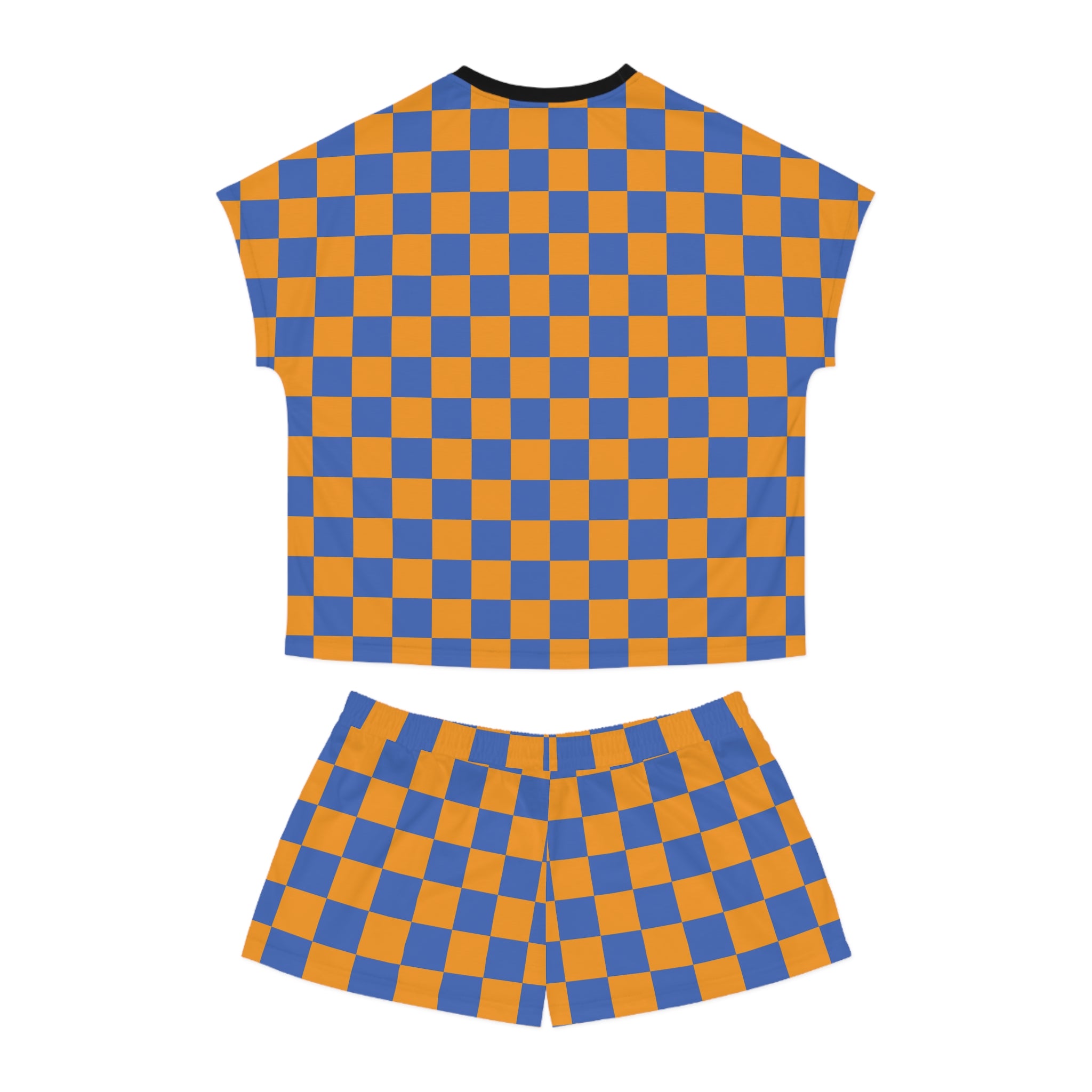 Checkerboard Short Pajama Set — Women's Cozy Blue & Orange Sleepwear