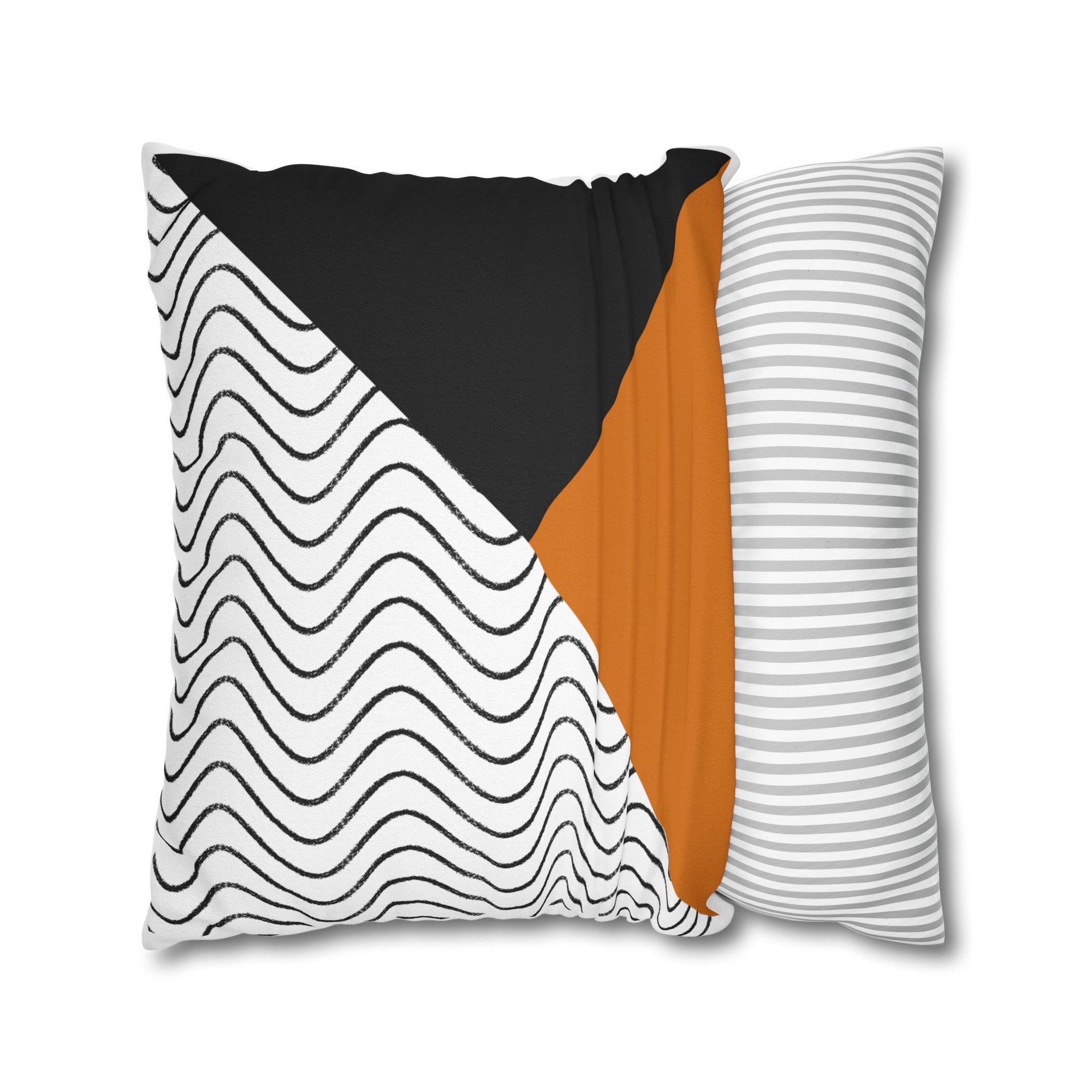 Geometric Wave Accent Pillowcase — Black, White & Orange Modern Square Throw Pillow Cover