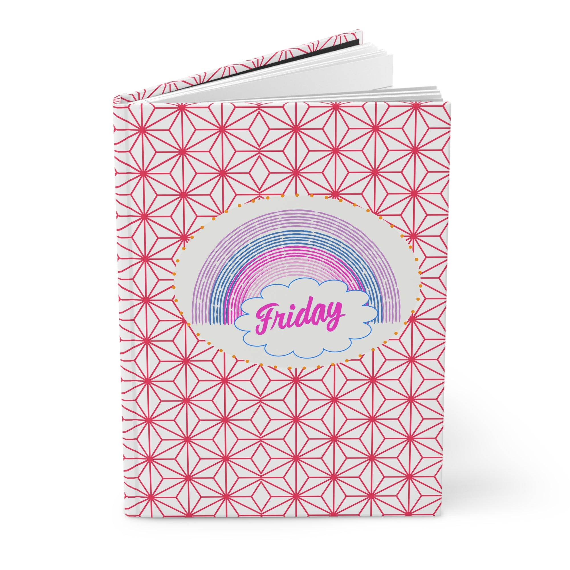 Friday Vibes Rainbow Hardcover Journal — Pink Geometric Pattern Notebook