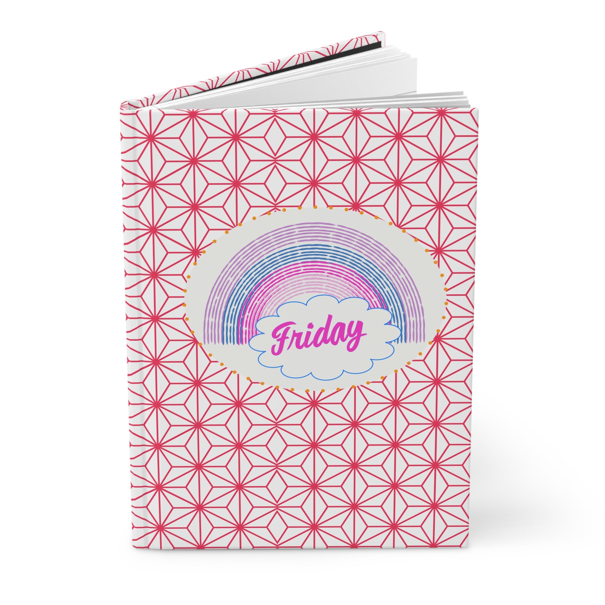 Friday Vibes Rainbow Hardcover Journal — Pink Geometric Pattern Notebook