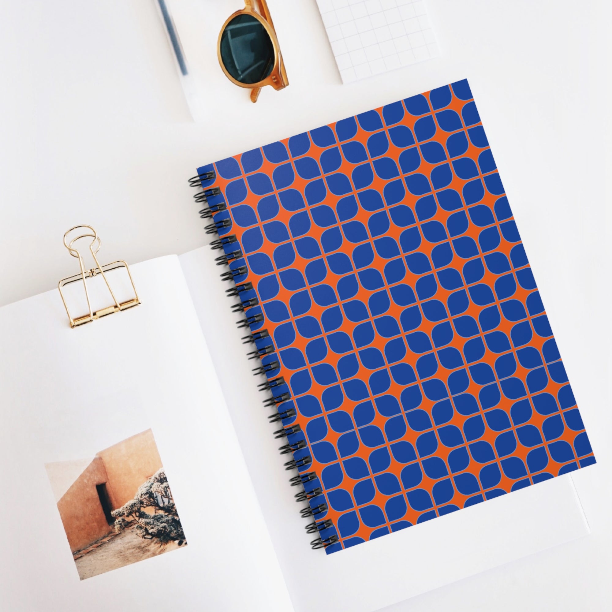 Geometric Blue & Orange Spiral Notebook – Ruled Journal for Notes & School