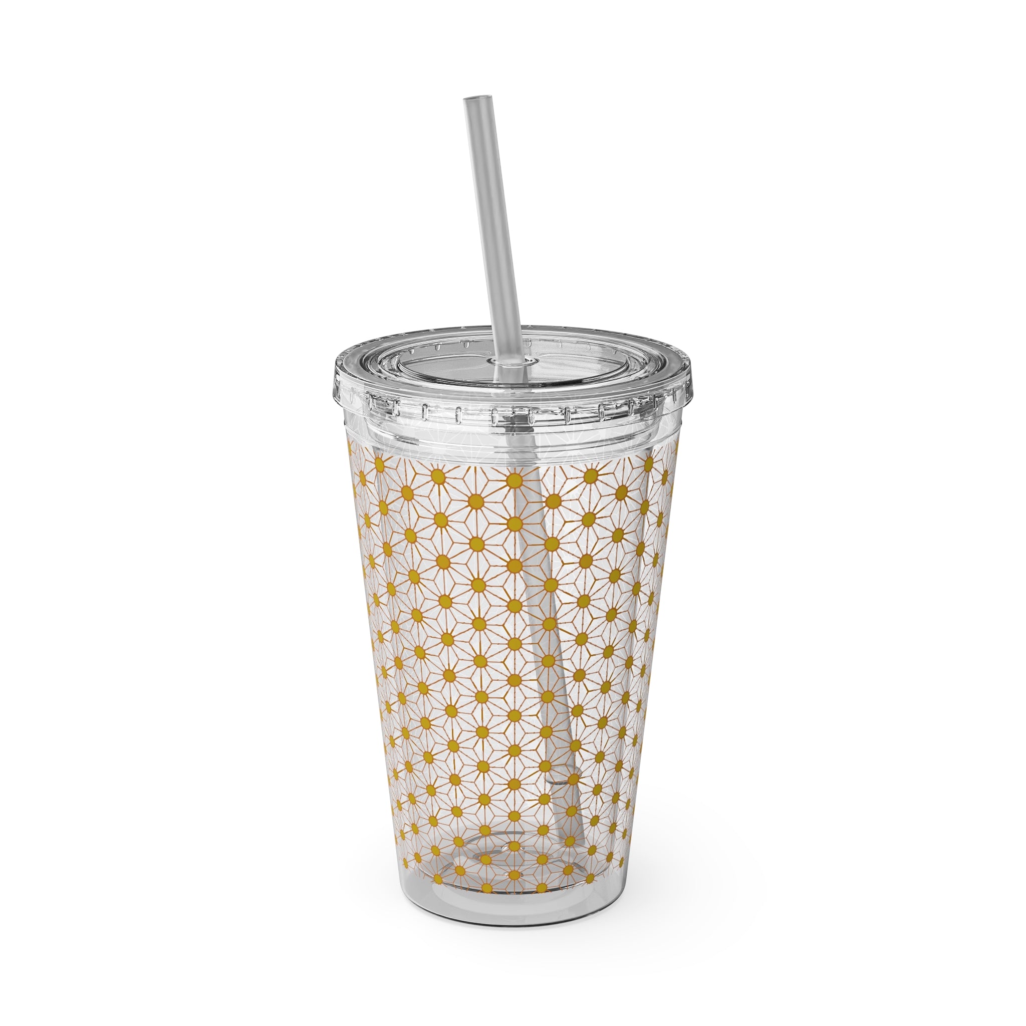 Sunsplash 16oz Tumbler with Straw – Retro Yellow Daisy Pattern, Insulated Cold Cup
