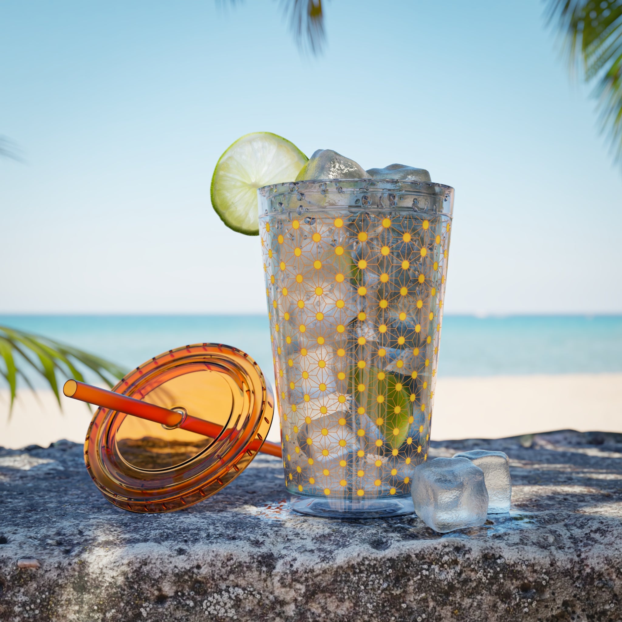 Sunsplash 16oz Tumbler with Straw – Retro Yellow Daisy Pattern, Insulated Cold Cup