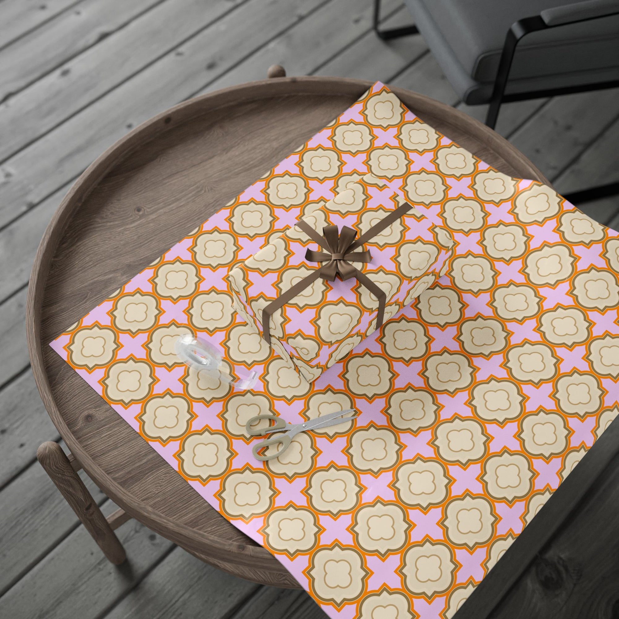 Wrapping Paper Roll – Retro Floral Geometric Pattern in Peach & Pink