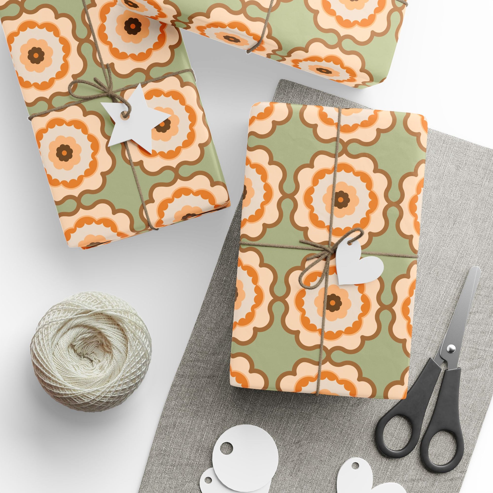 Retro Floral Wrapping Paper Roll — Vintage Orange & Olive Gift Wrap