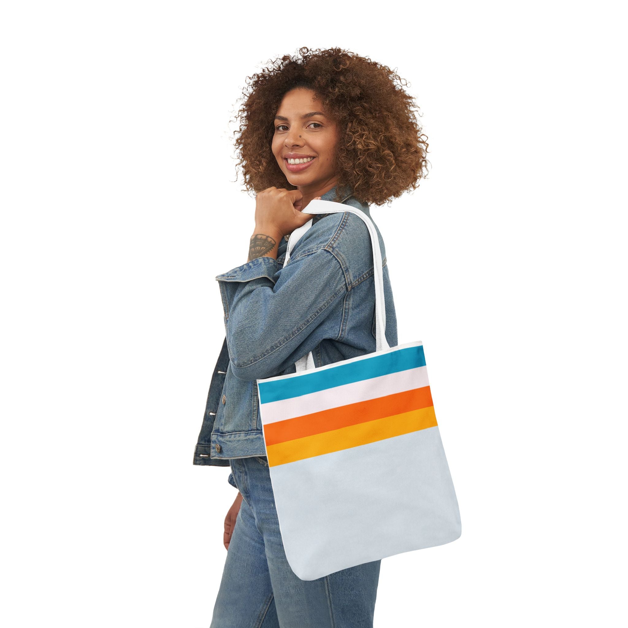 Retro Stripe Canvas Tote Bag — Blue, White, Orange Accent Straps