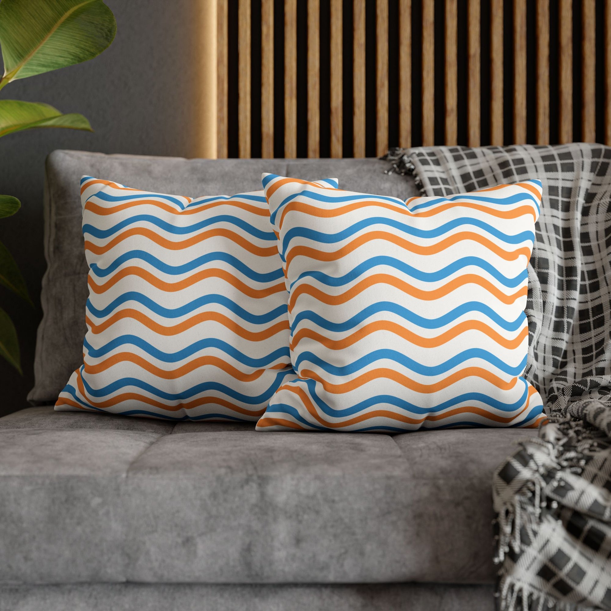 Wavy Orange & Blue Decorative Pillow - Faux Suede Square Pillowcase