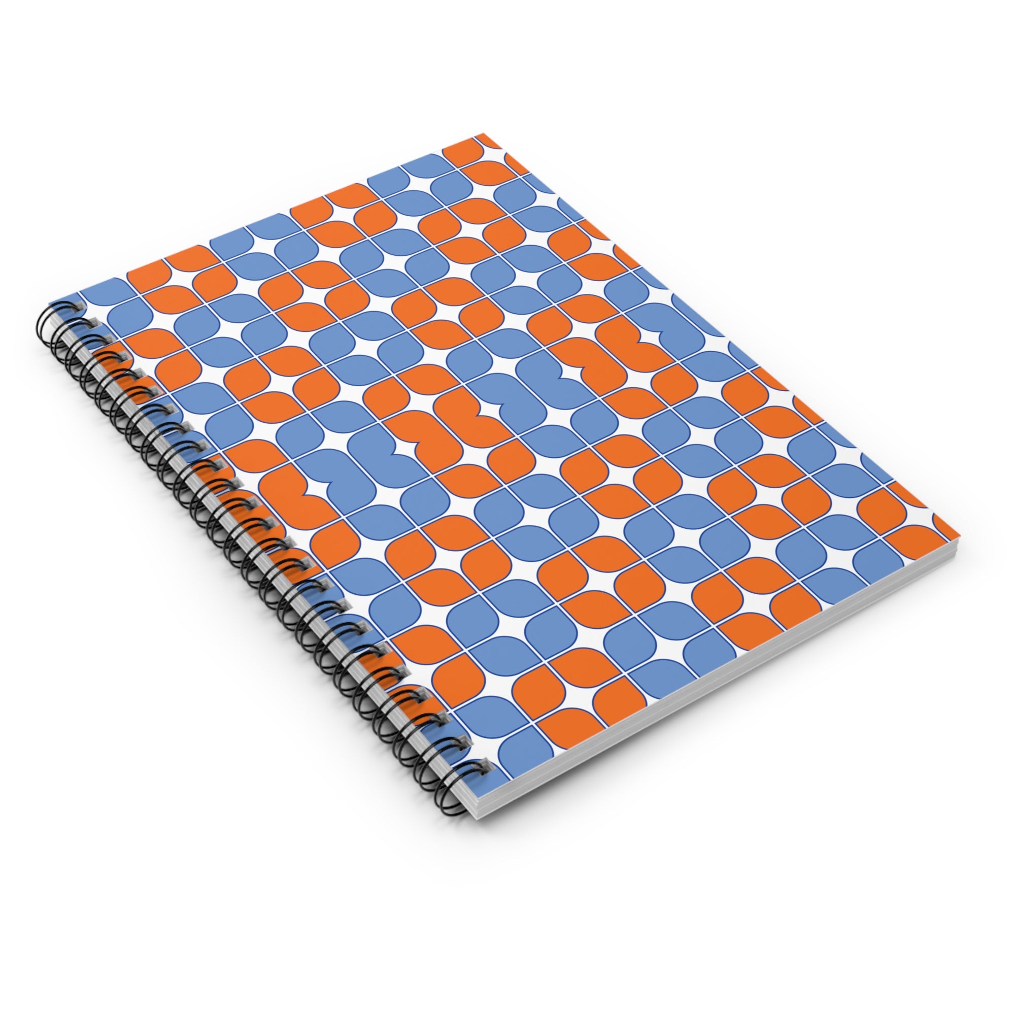 Retro Geometric Spiral Notebook — Orange & Blue Patterned Ruled Journal