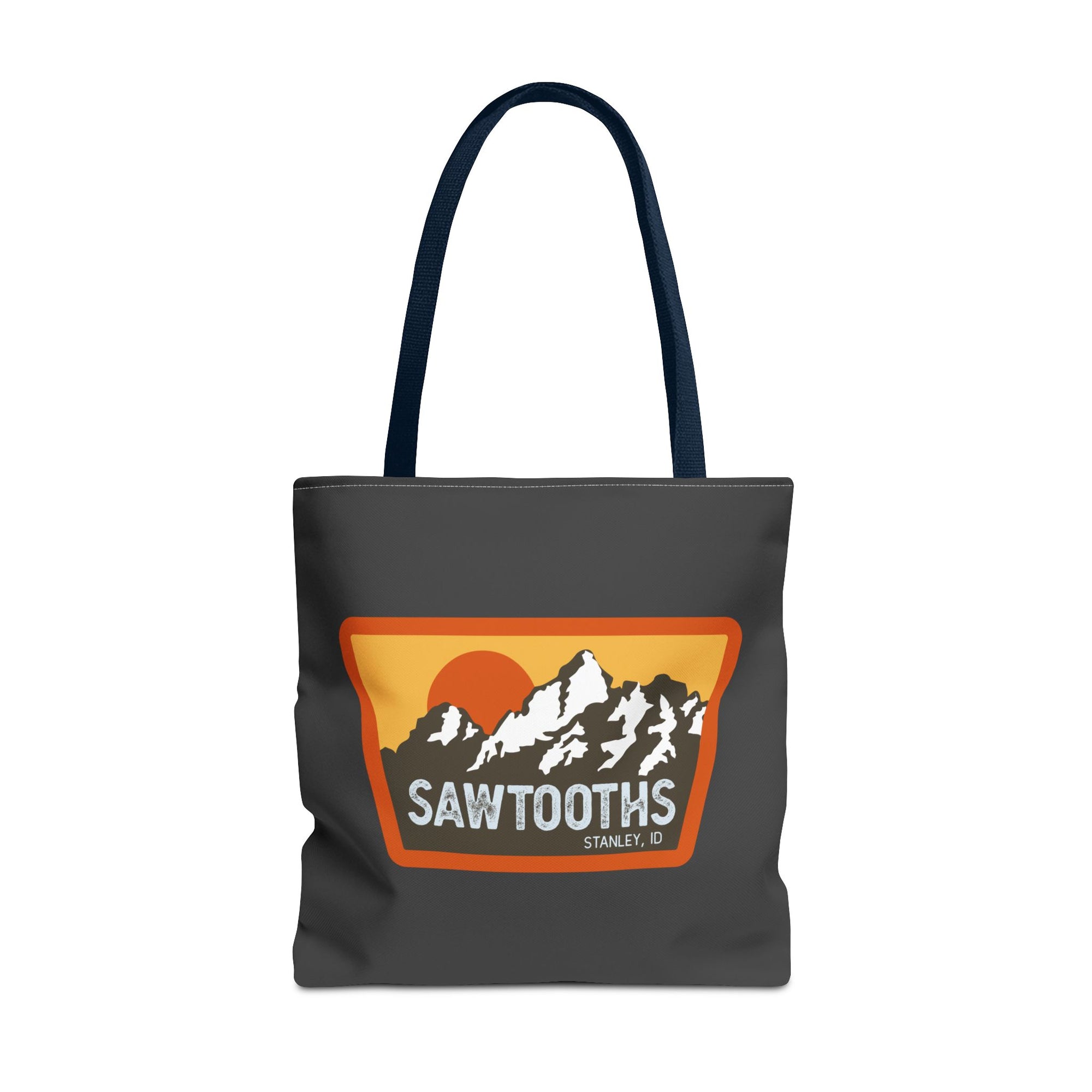 Sawtooths Mountain Tote Bag – Retro Sunset Hiking Graphic Tote