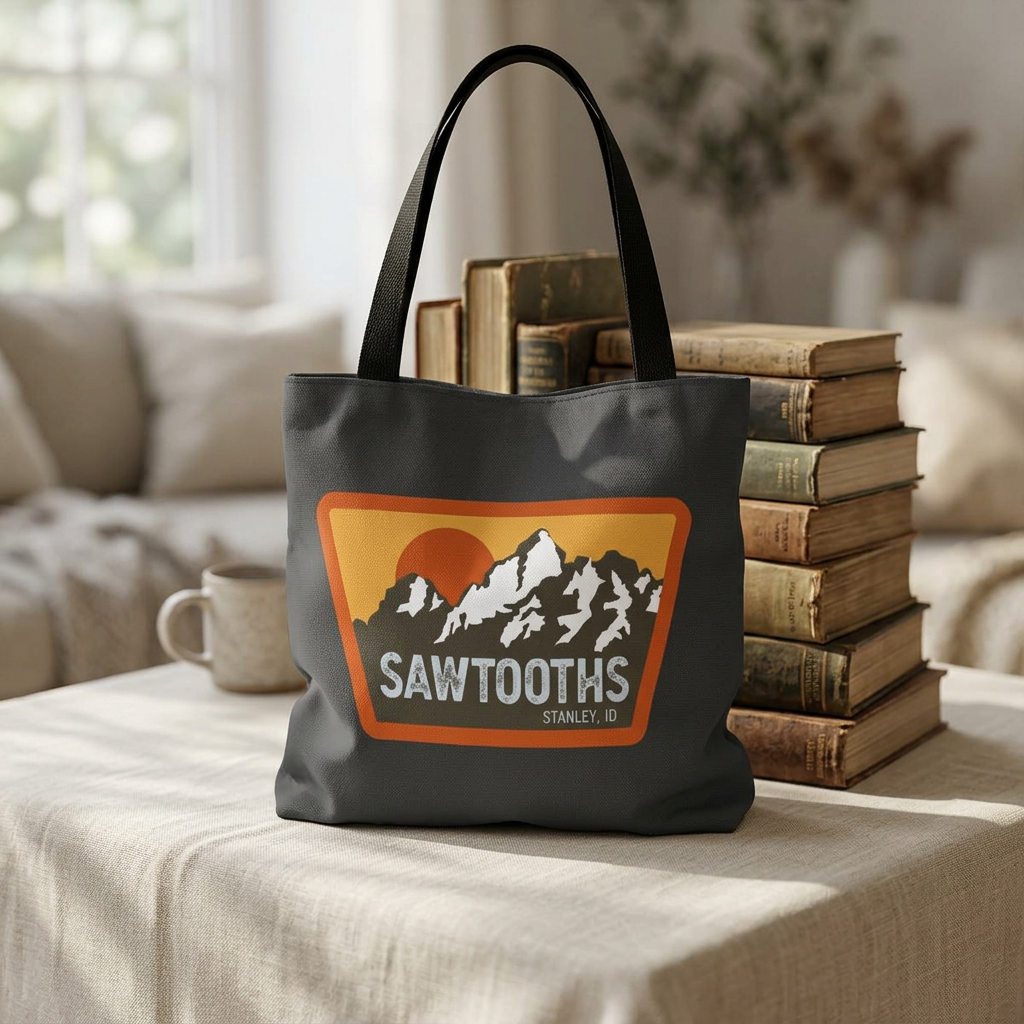 Sawtooths Mountain Tote Bag – Retro Sunset Hiking Graphic Tote