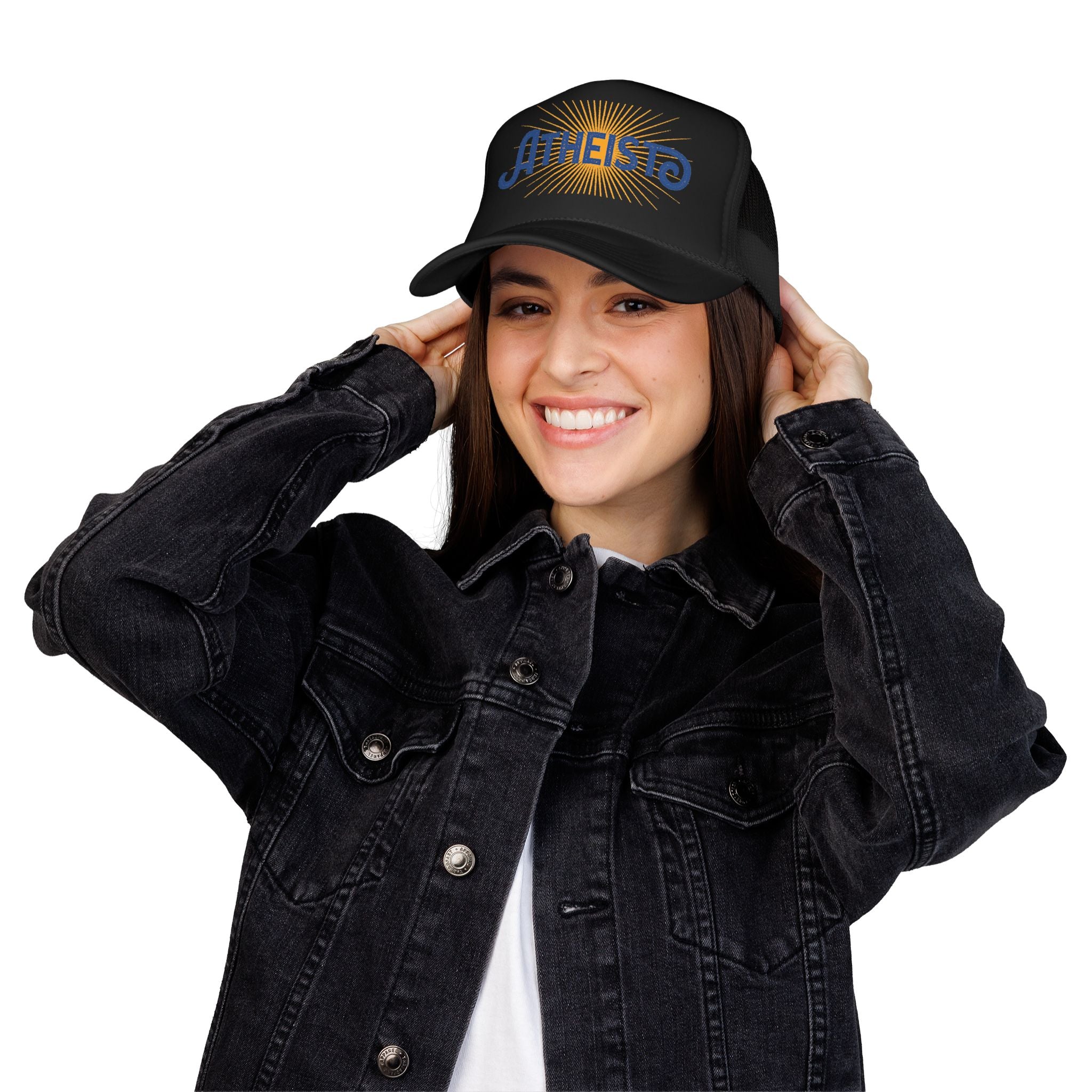 Atheist Foam Trucker Hat — Retro Sunburst Logo Cap