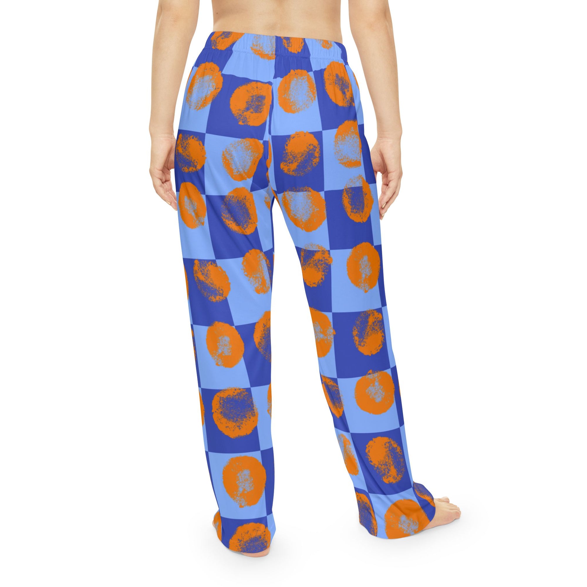Blue Checkered Women's Pajama Pants with Orange Brushstroke Circles — Cozy Sleepwear
