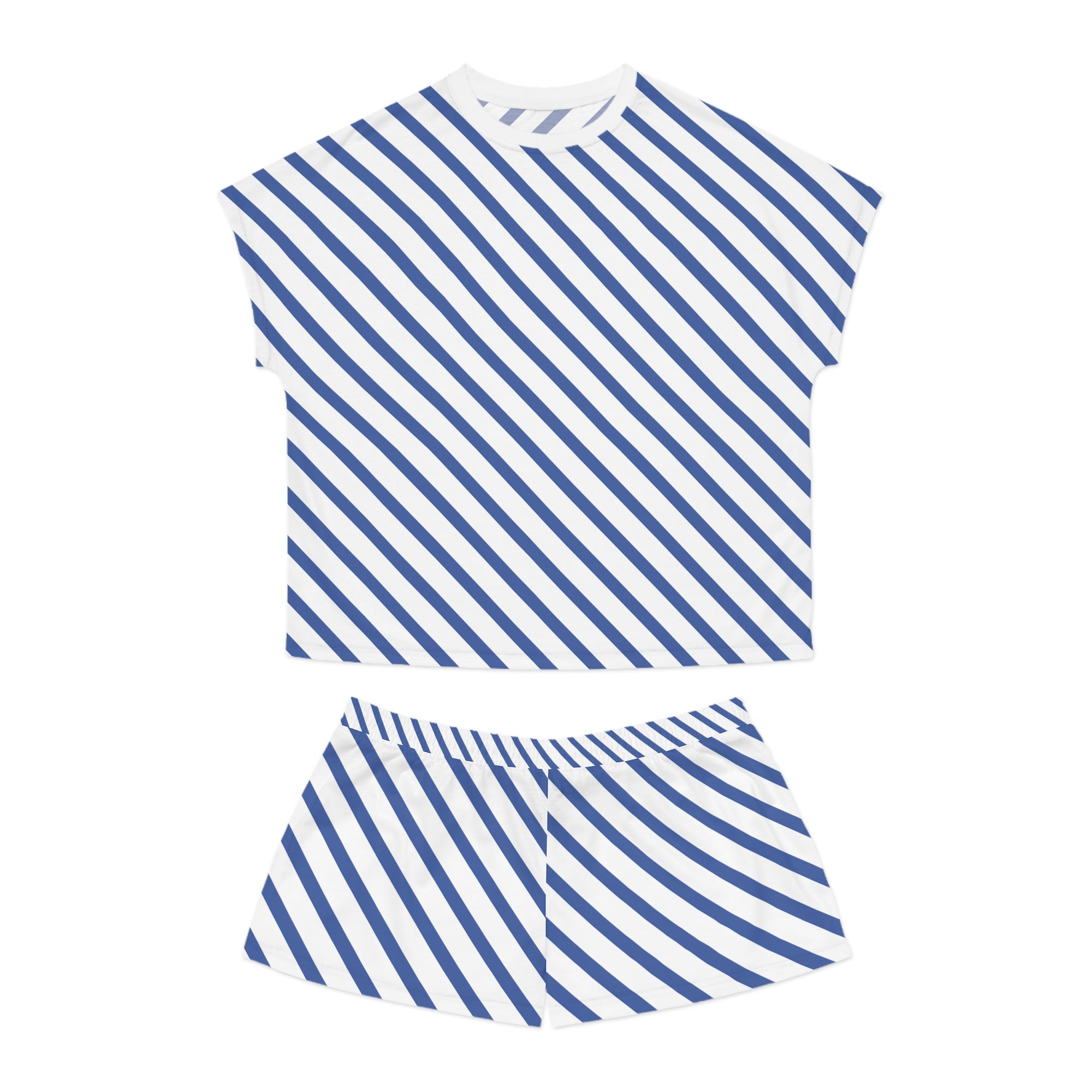 Women's Blue Diagonal Stripe Pajama Set - Short Sleepwear Lounge Set