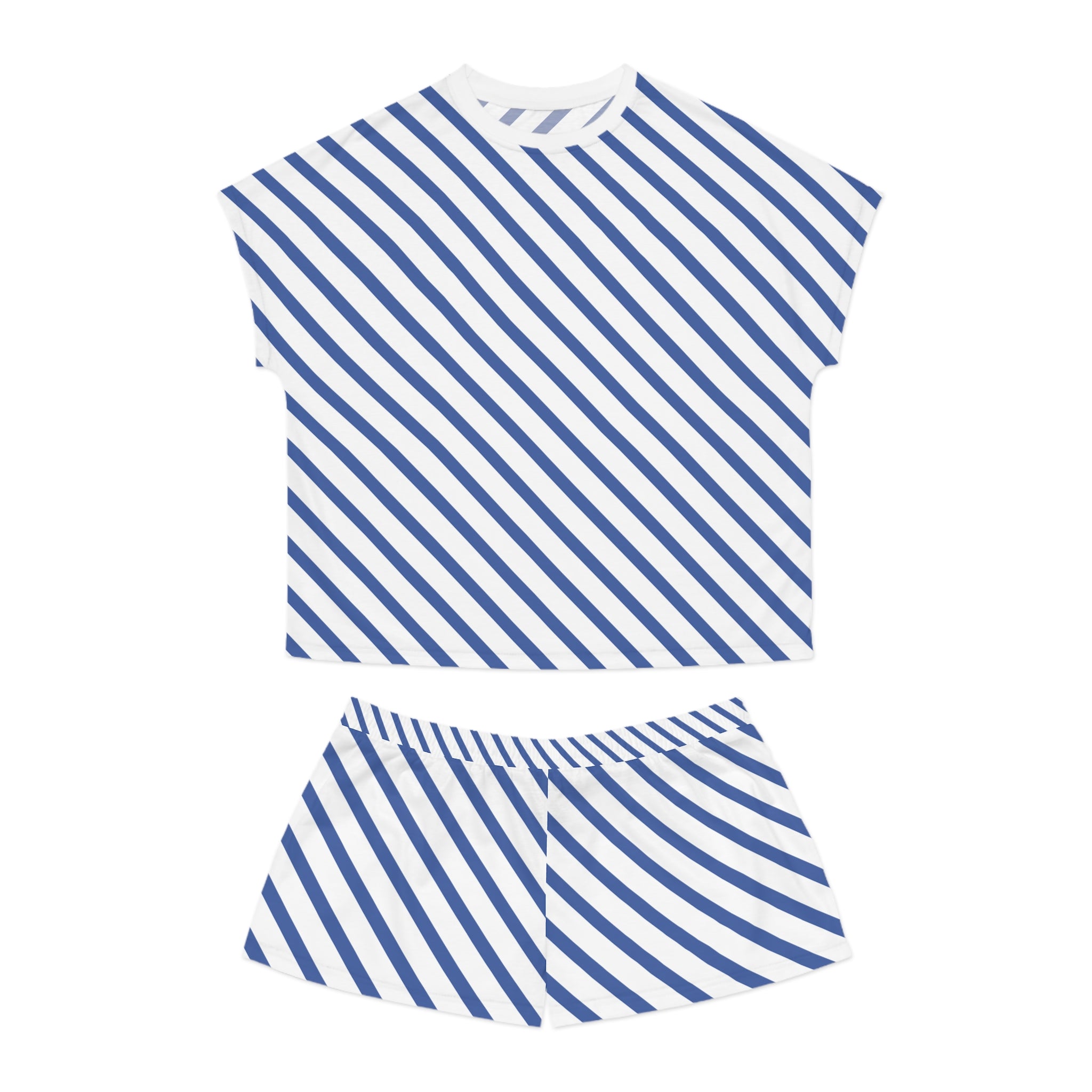 Women's Blue Diagonal Stripe Pajama Set - Short Sleepwear Lounge Set