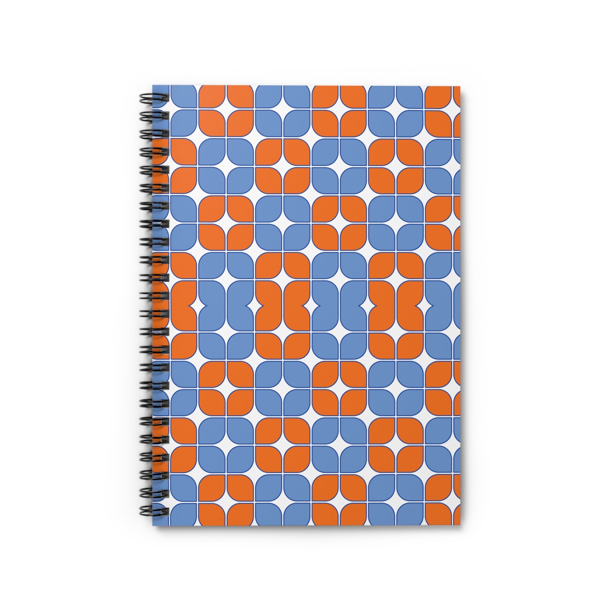 Retro Geometric Spiral Notebook — Orange & Blue Patterned Ruled Journal