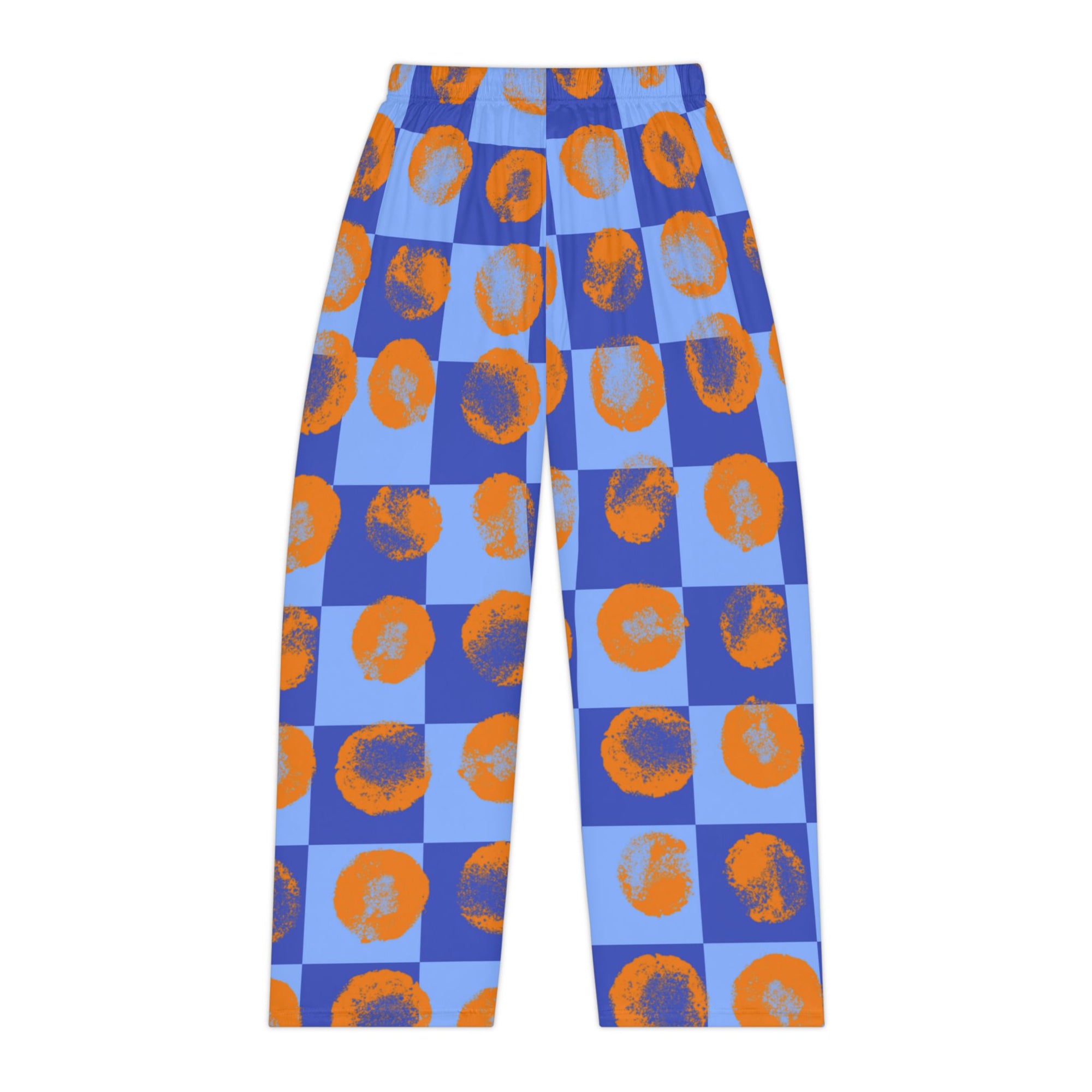 Blue Checkered Women's Pajama Pants with Orange Brushstroke Circles — Cozy Sleepwear