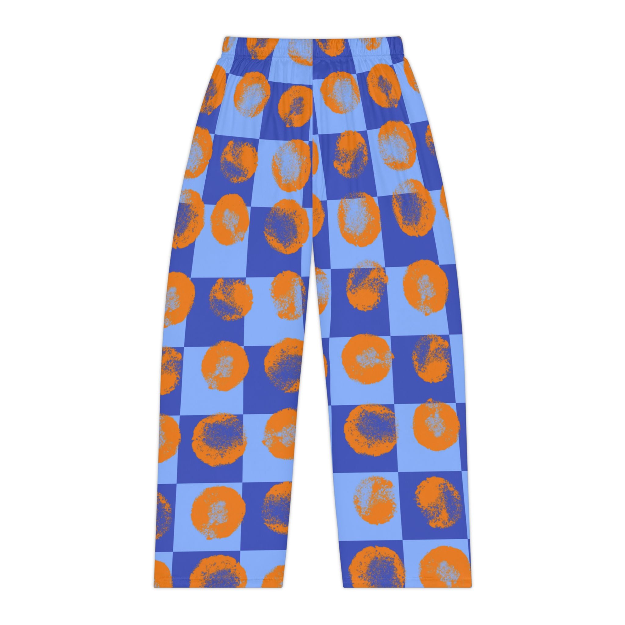 Blue Checkered Women's Pajama Pants with Orange Brushstroke Circles — Cozy Sleepwear